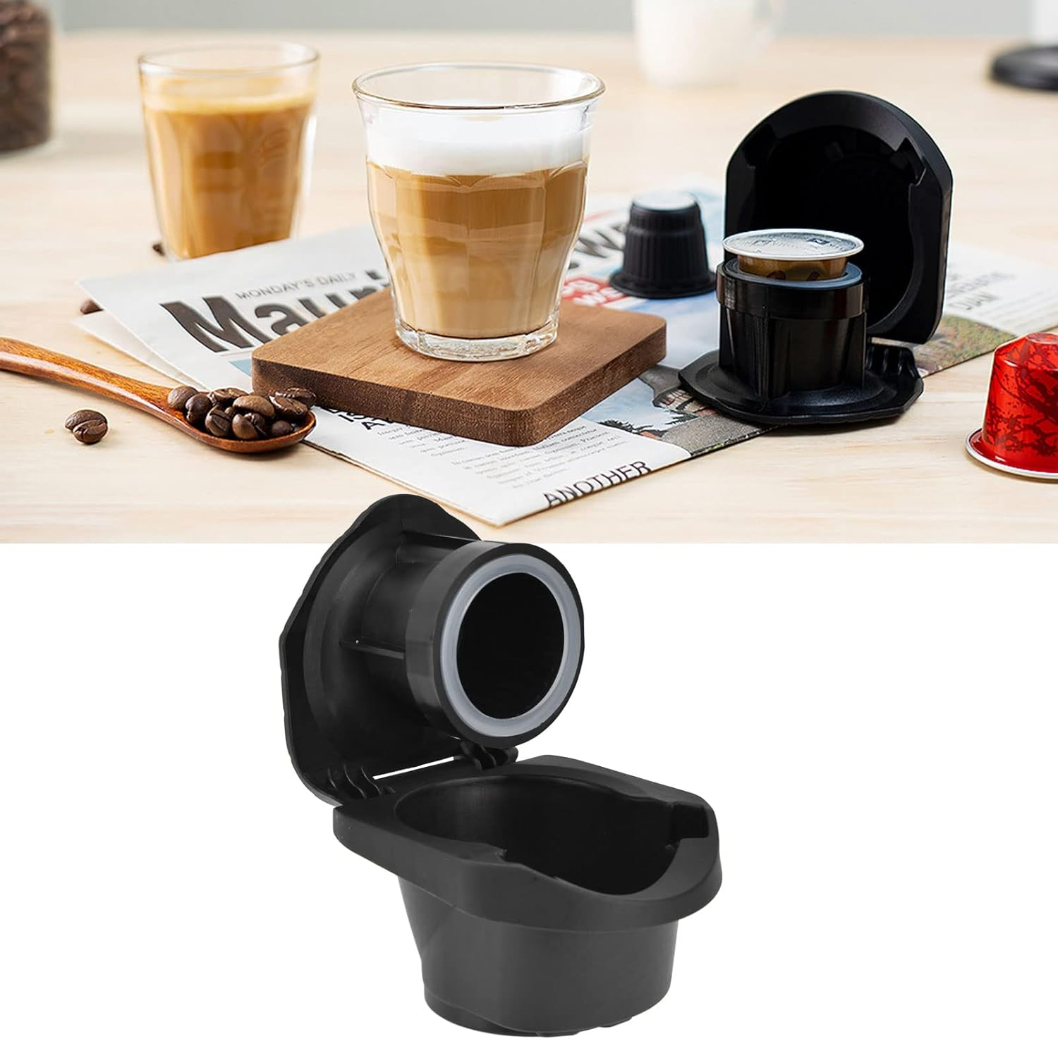 Reusable Coffee Pod Converter Holder for Dolce Gusto Machine, Compatible with Nespresso, Food Grade PP Material, Dishwasher Safe, Accessories Included, with Brush, Spoon image number 6