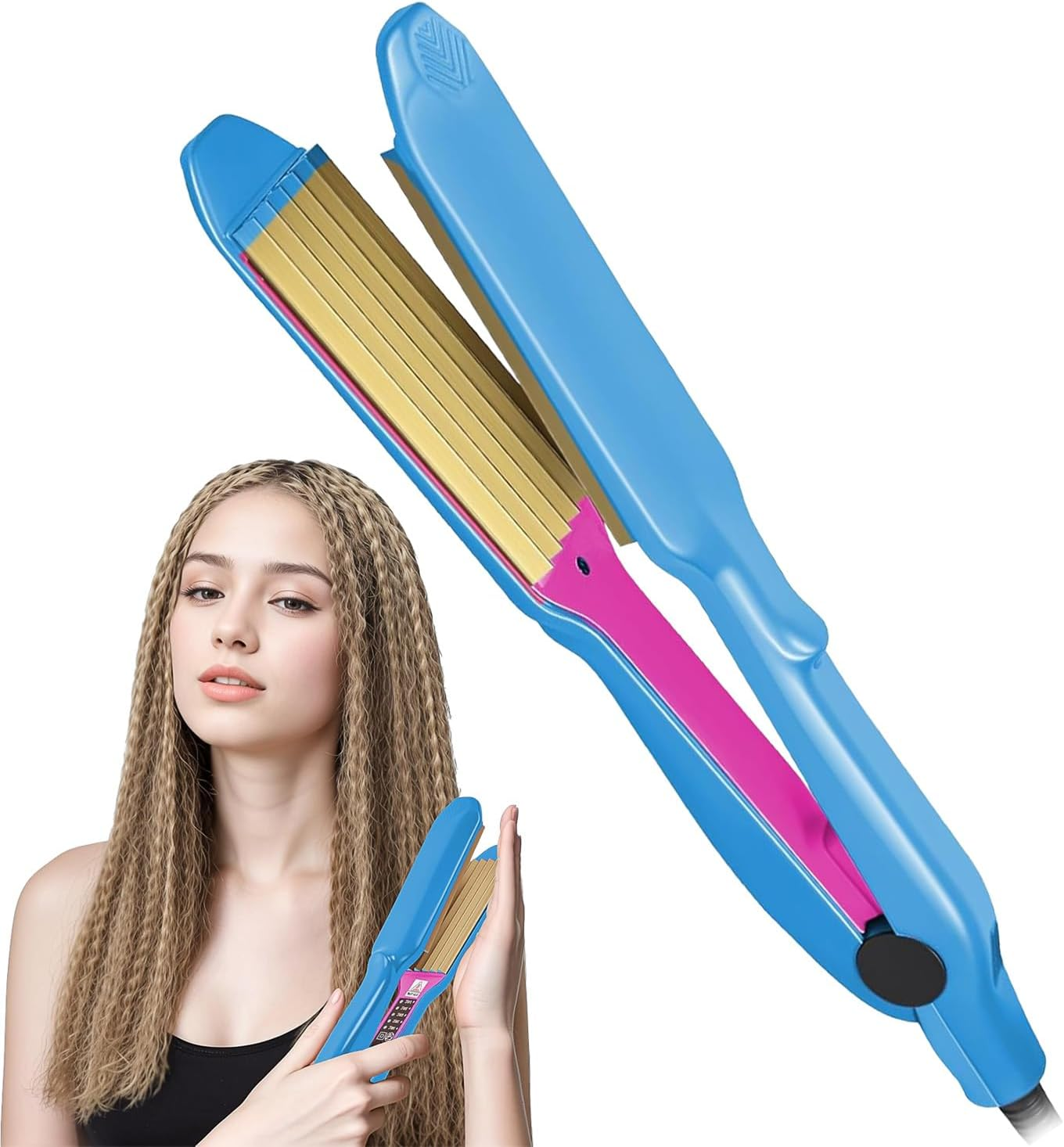 Hair Crimper 30S Rapid Heating Volumizing Crimping Iron for Fluffy Style Professional Crimping Iron for Women 5 Adjust Temp (Blue)