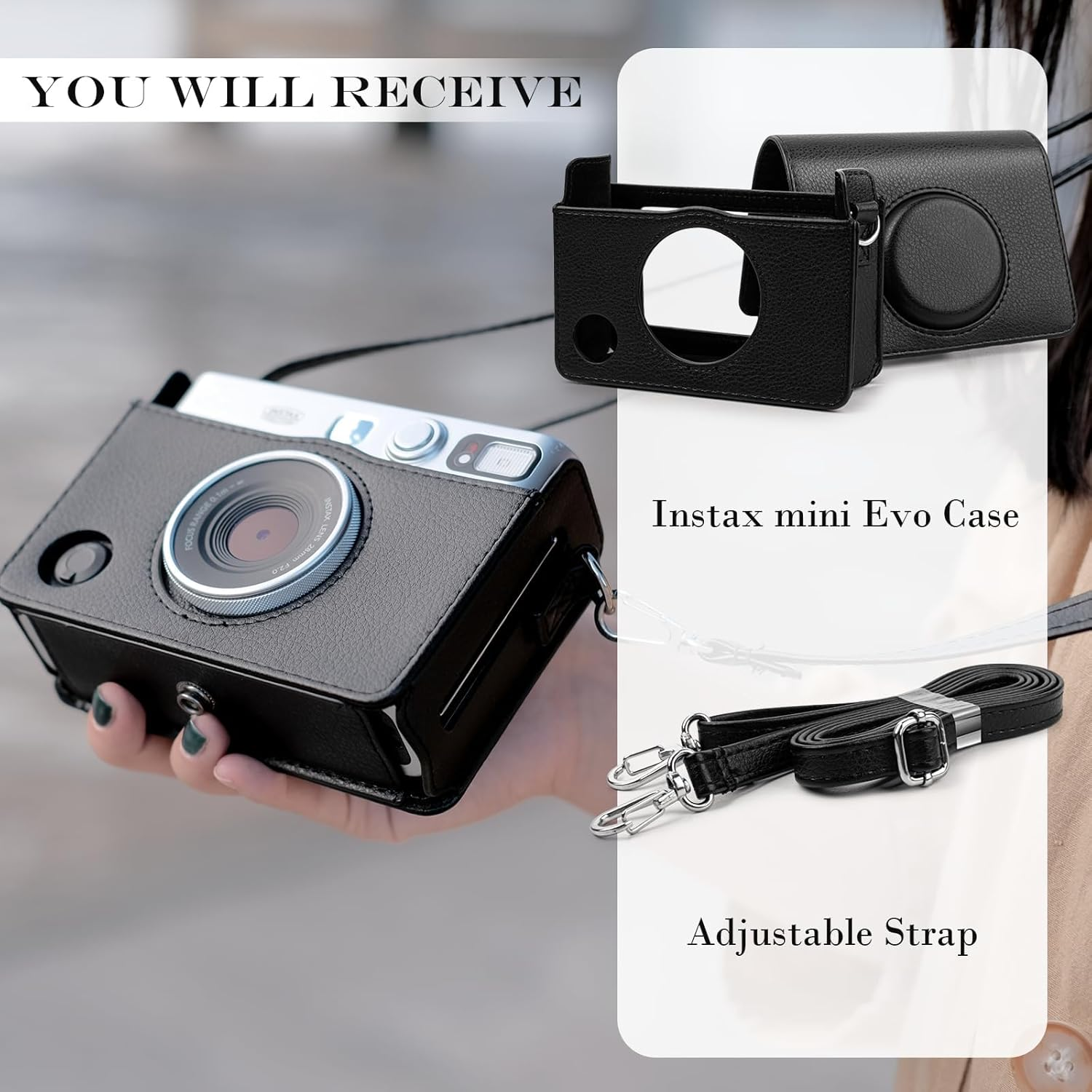 Rieibi Mini EVO Case - Vintage PU Leather Protective Case for Fuji Instax Mini EVO Instant Camera - Removable Case with Adjustable Shoulder Strap Battery Charging Port - Black