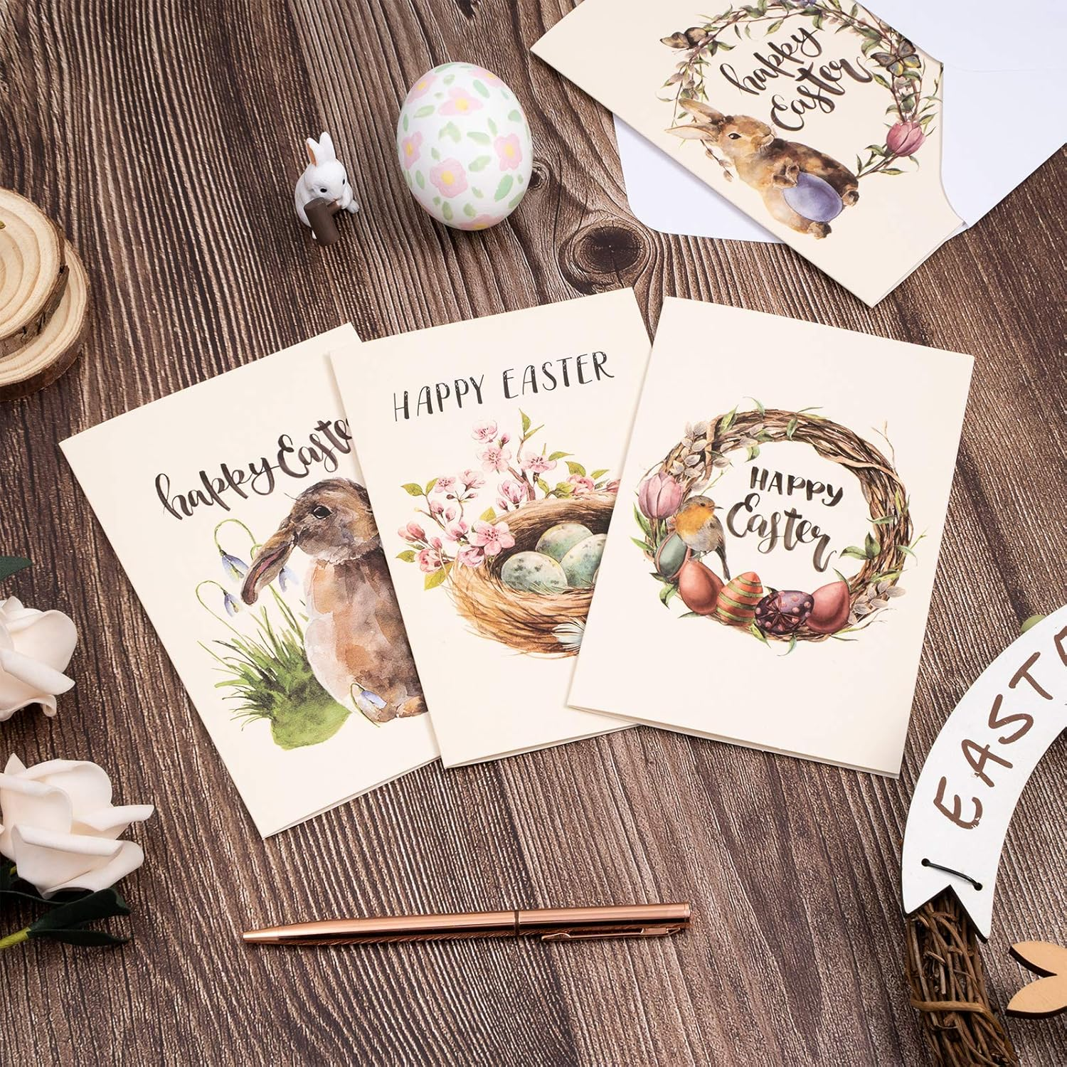 Whaline 30 Pack Vintage Easter Cards Kit with Envelopes and 30Pcs Adhesive Stickers Colorful Greeting Cards in 6 Designs Bunny Eggs Note Card for Classroom Exchange Easter Party Supplies image number 2