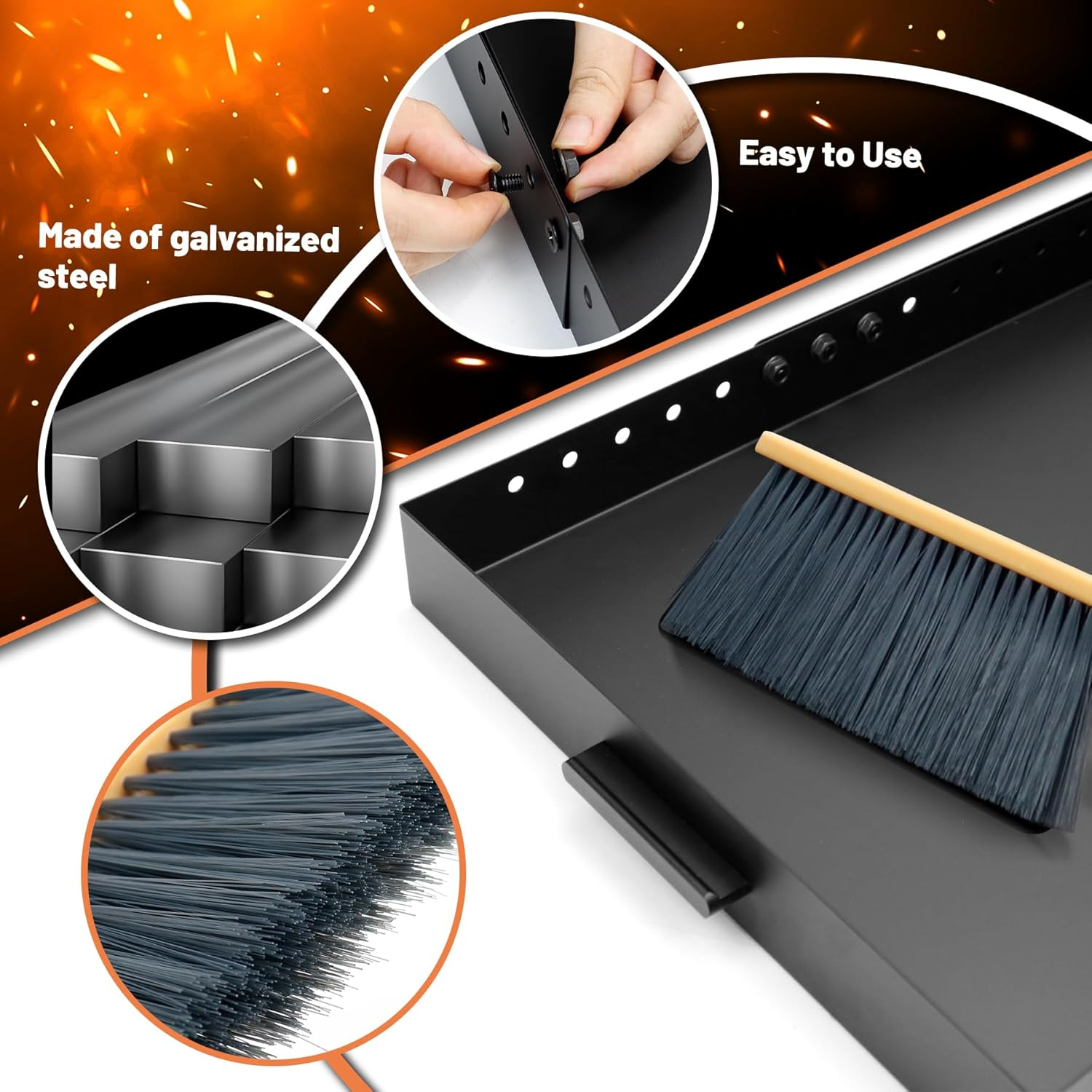 GCGOODS Fireplace Tray with Handles, Expandable Ember Holder Fireplace Pan with 13 Inch Front to Back, Adjustable Ash Pan for Ash Collection, Brush Included for Easy Cleaning, Black, Rectangle image number 2