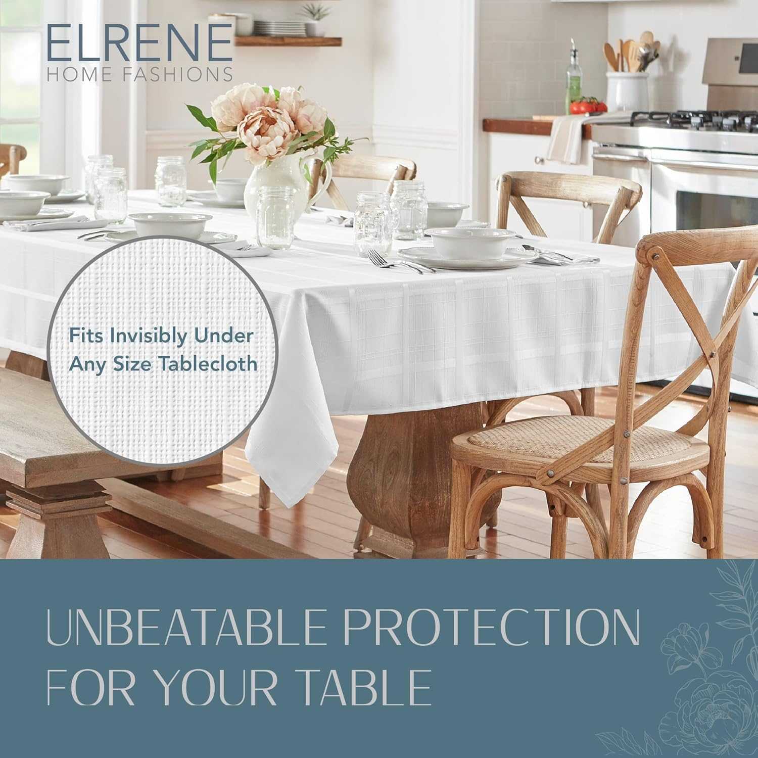 Elrene Home Fashions Deluxe Heavy Duty Table Pad Protector Cushioned Flannel Backing, White, 52" X70"