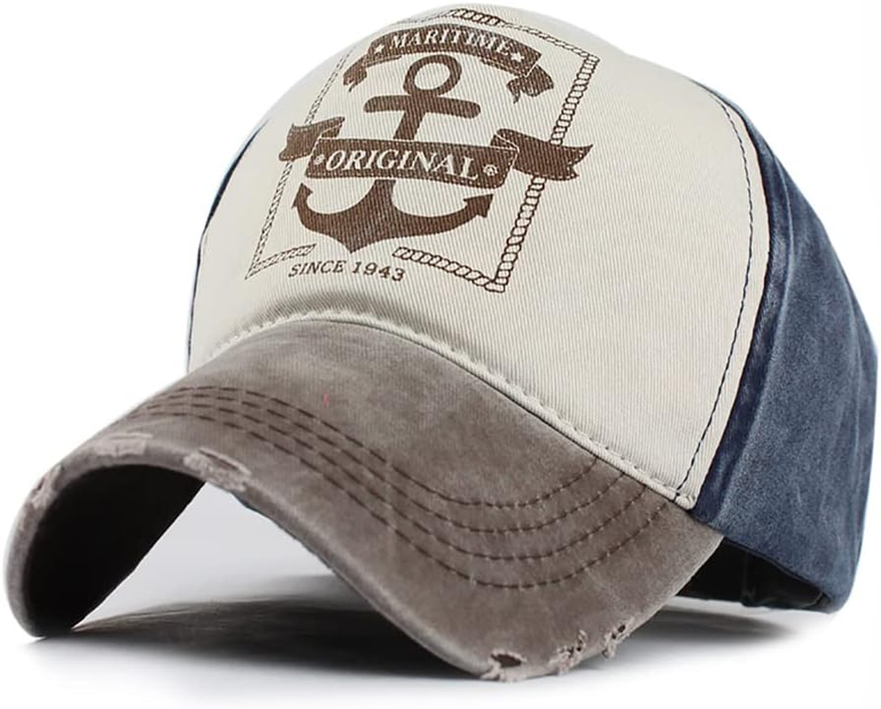 YULOONG Vintage Baseball Cap Washed Denim Fashion Anchor Pattern Outdoor Sun Hat for Men Women 100% Cotton