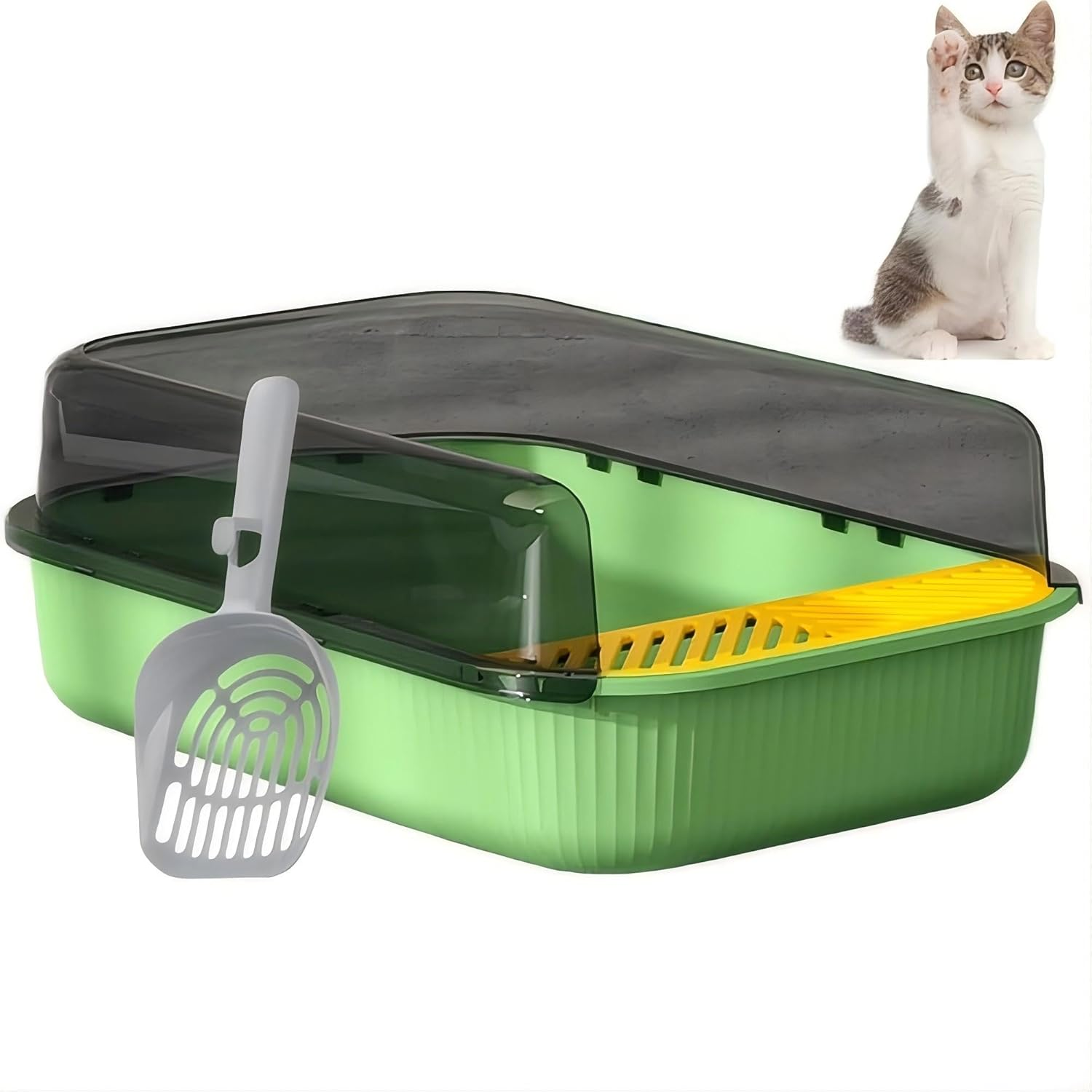 Open Top Cat Litter Box, Anti-Splashing Large Cat Litter Pan, Semi-Closed Removable Cat Cleaning Basin Kitten Toilet with Litter Sifting Scoop and Sides for Small & Medium Size Pets (Herb Green) image number 2
