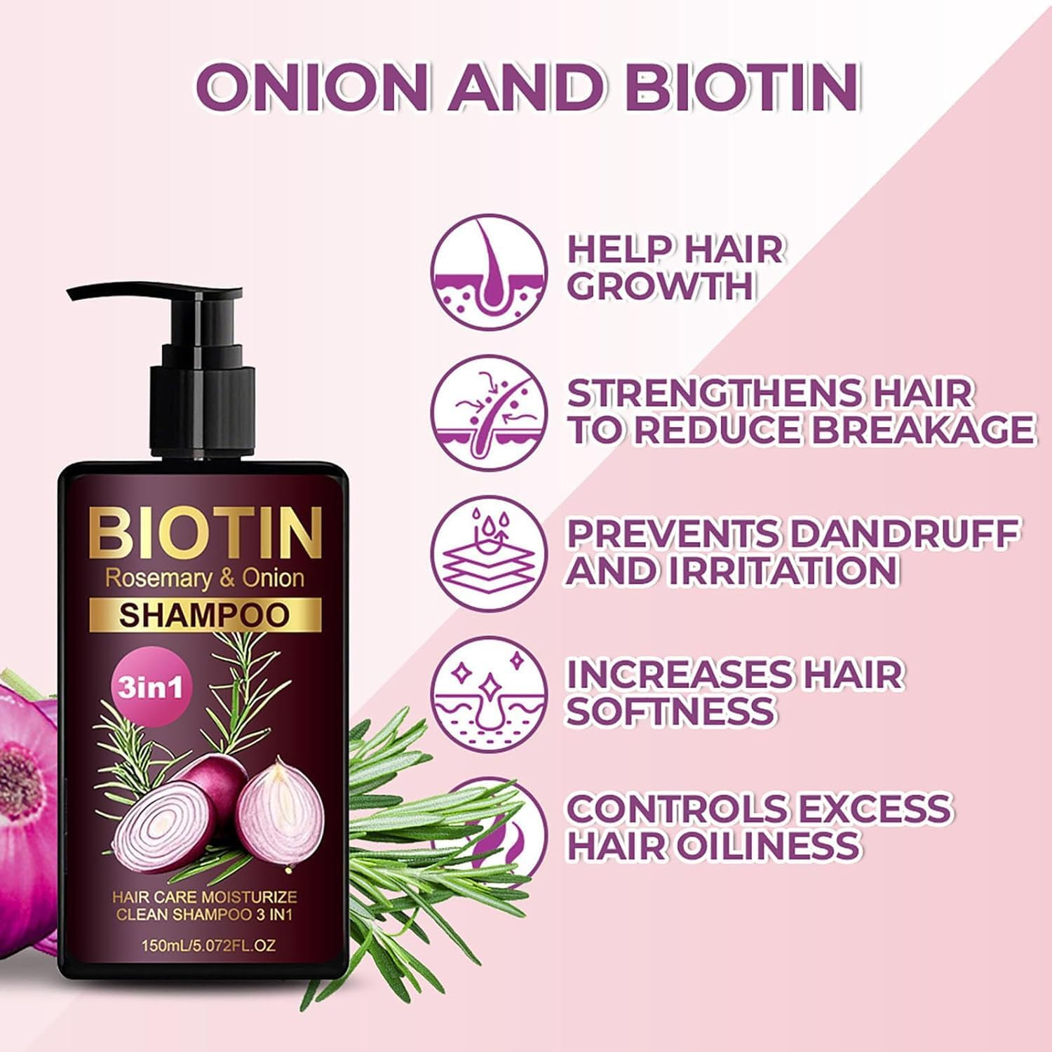 Onion & Rosemary Shampoo for Hair Growth, 3-In-1 Biotin Rosemary and Onion Shampoo for Hair Loss and Thinning Hair, Hair Care Moisturize Clean for All Hair Type (150Ml) image number 2