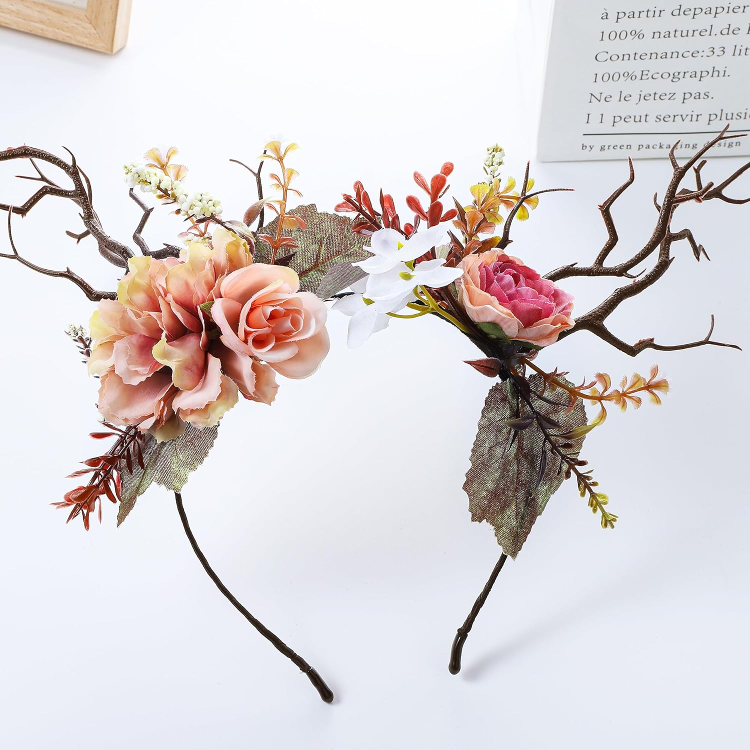 Korvishow Deer Antlers Branches Headband Flower Crowns for Women Woodland Forest Fairy Cosplay Costume Floral Headpiece Renaissance Accessories Party Wedding Hairband - Pink image number 3