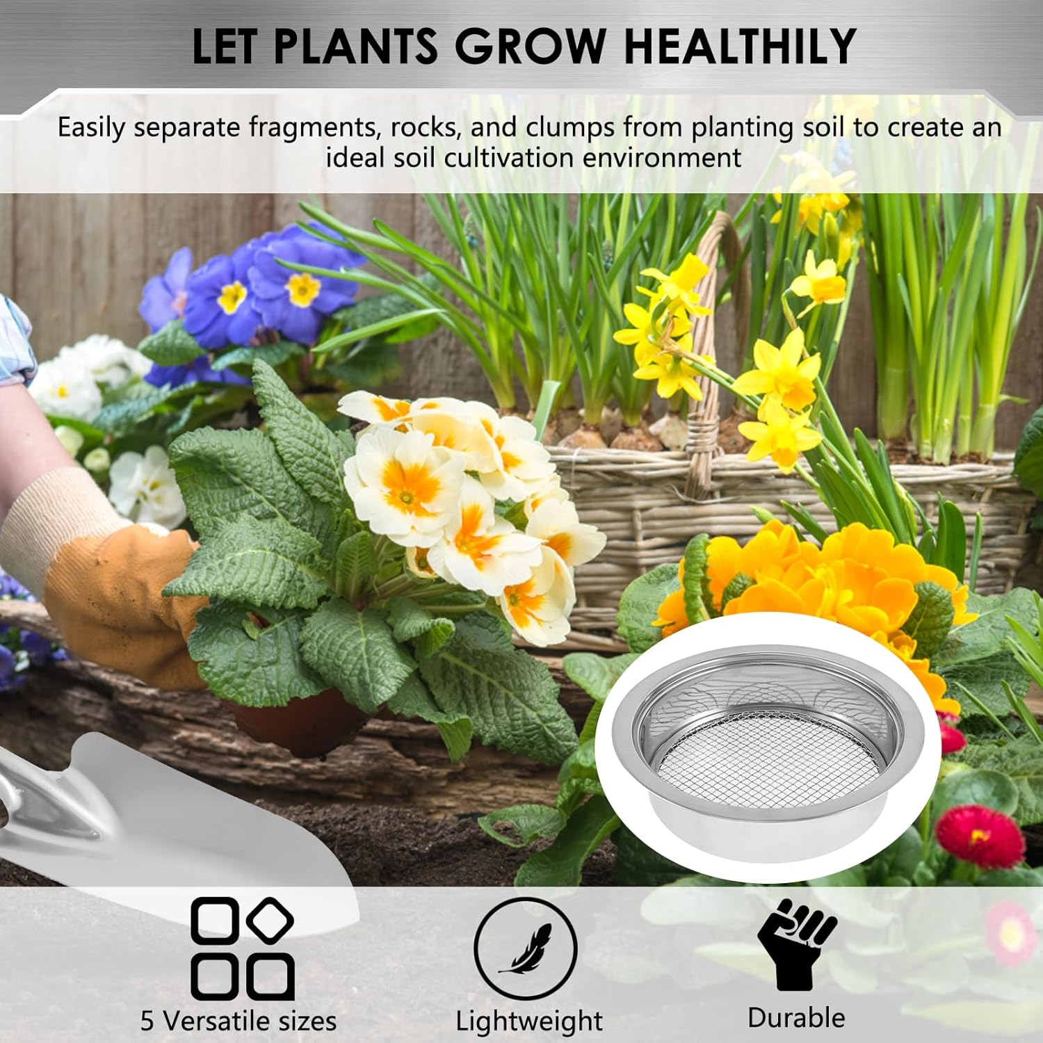 Soil Sieve Set with 5 Interchangeable Meshes Sizes 1/3/6/9/12Mm, Stainless Steel Riddle Sieve Pan with Shovel 24Cm Garden Potting Soil Sifter for Gardening Dirt Sand Soil Rocks image number 1