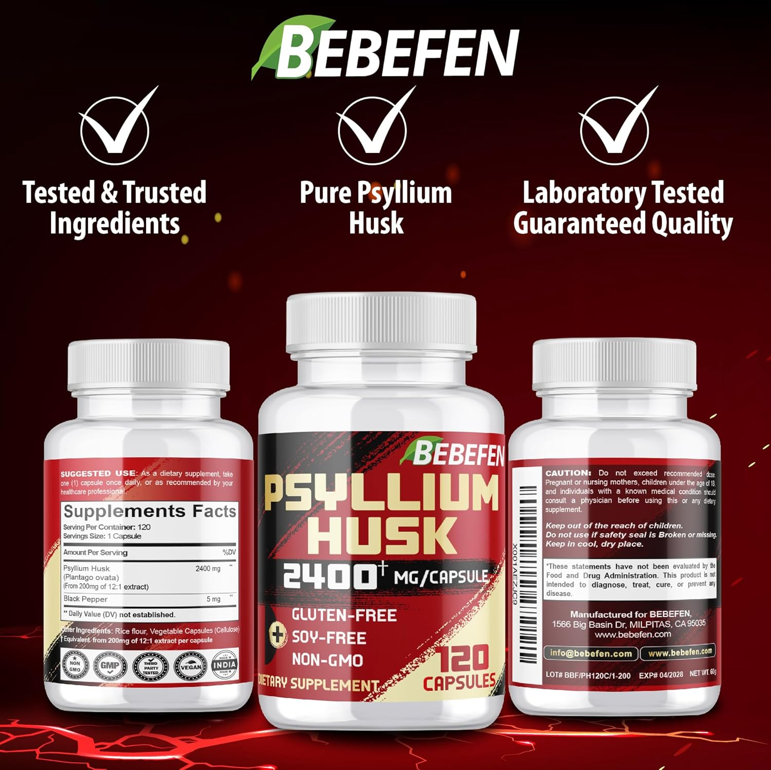 BEBEFEN Psyllium Husk Capsules 2400Mg with Black Pepper - 4 Month Supply - Non-Gmo and Gluten-Free Formula - 120 Capsules image number 6