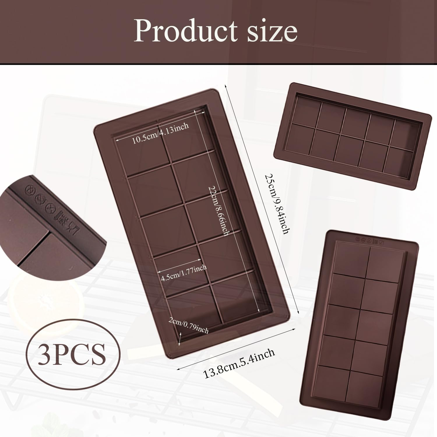 Xinghonyac 3 Pcs Deep Chocolate Bar Mold, 10 Grids Chocolate Moulds, Silicone Chocolate Bar Moulds, Non-Stick Chocolate Candy Bar Mold, Kitchen Baking Mould for DIY Chocolate, Candies, Cakes, Jelly