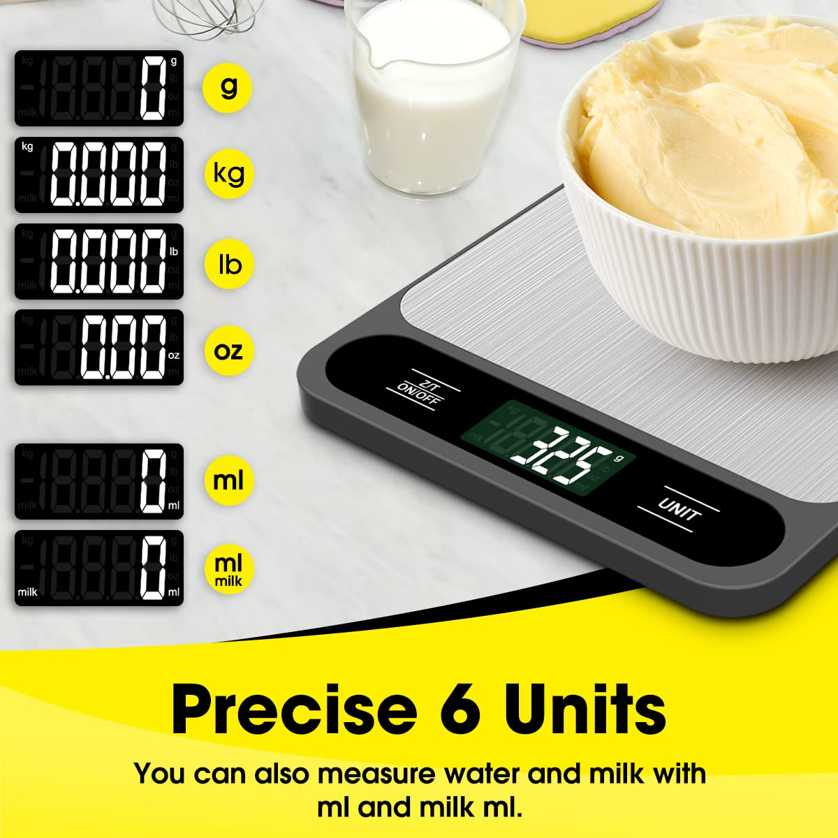 Mik-Nana Food Scale Black, 22Lb/10Kg Digital Kitchen Scale Grams and Oz for Baking Cooking and Weight Loss, 1G/0.04Oz Precise Graduation, Easy Clean Stainless Steel - Black image number 6