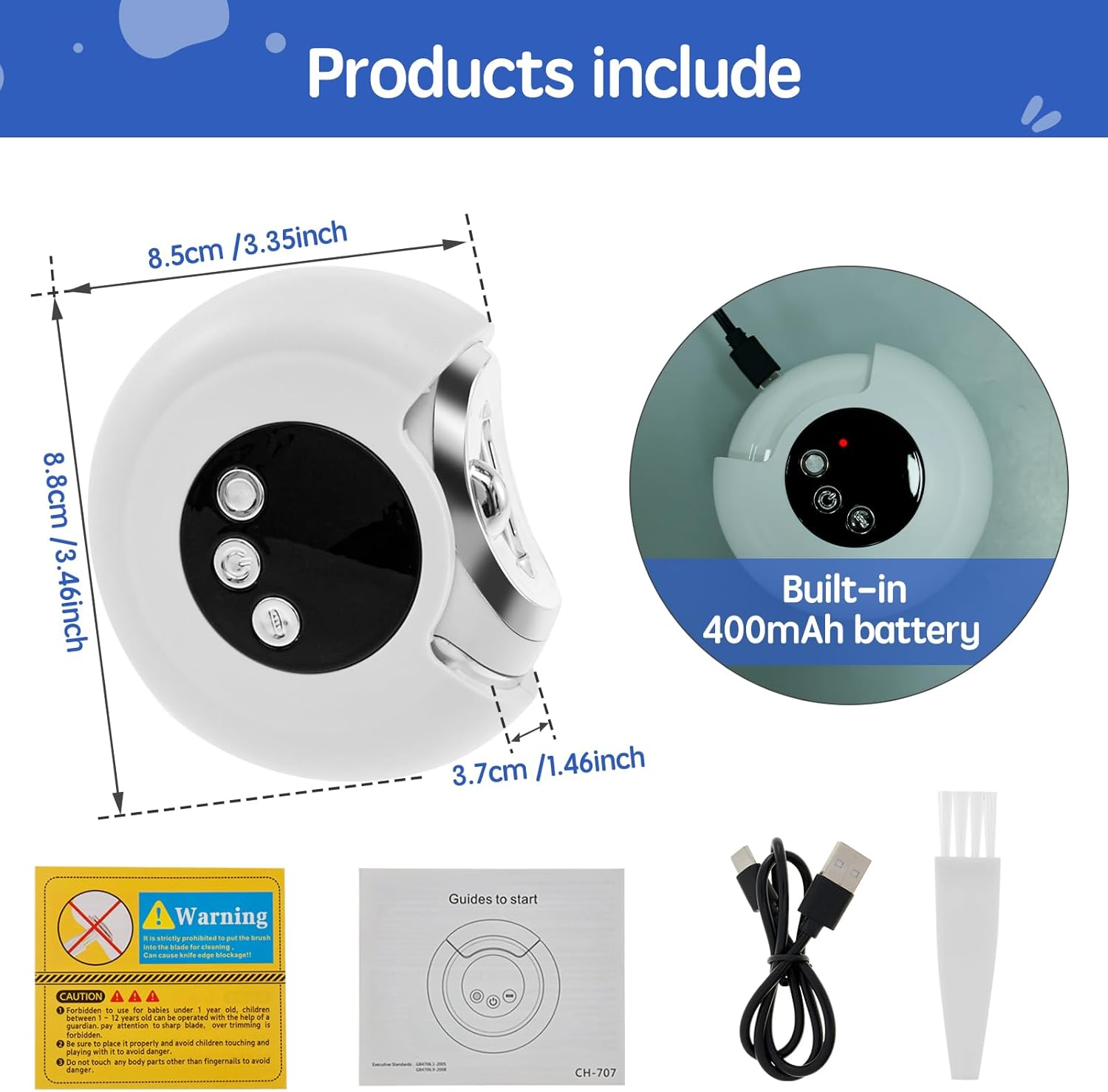 Electric Nail Clippers 3 in 1 USB Rechargeable Auto Nail Clipper 360&deg; Rotating Electric Nail Sharpener with LED Light and 2 Adjustable Speeds and Nail Clip Suitable for Adults image number 6