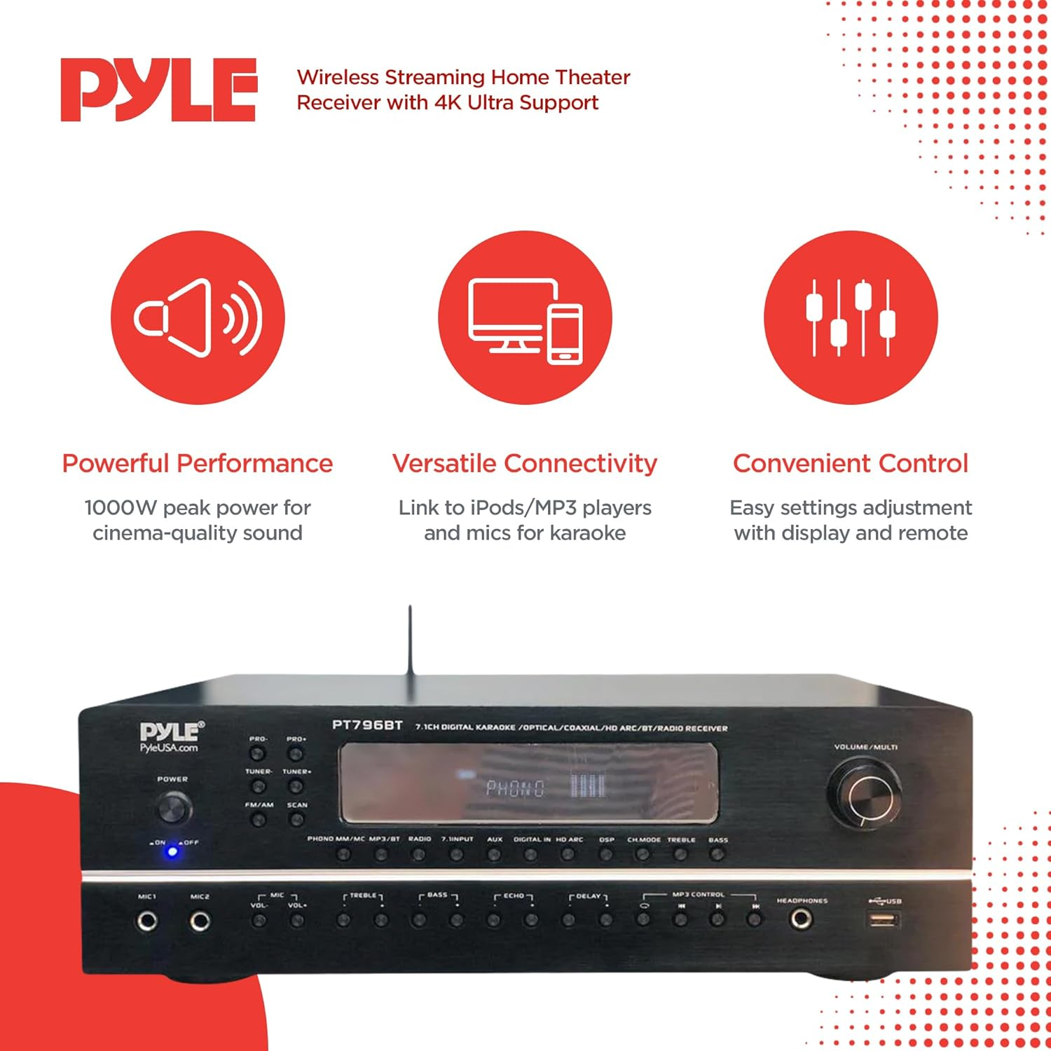 Pyle 7.1-Channel Hi-Fi Bluetooth Stereo Amplifier - 2000 Watt AV Home Theater Speaker Subwoofer Surround Sound Receiver W/Radio, USB, RCA, HDMI, MIC In, Supports 4K UHD TV, 3D, Blu-Ray - PT796BT image number 2