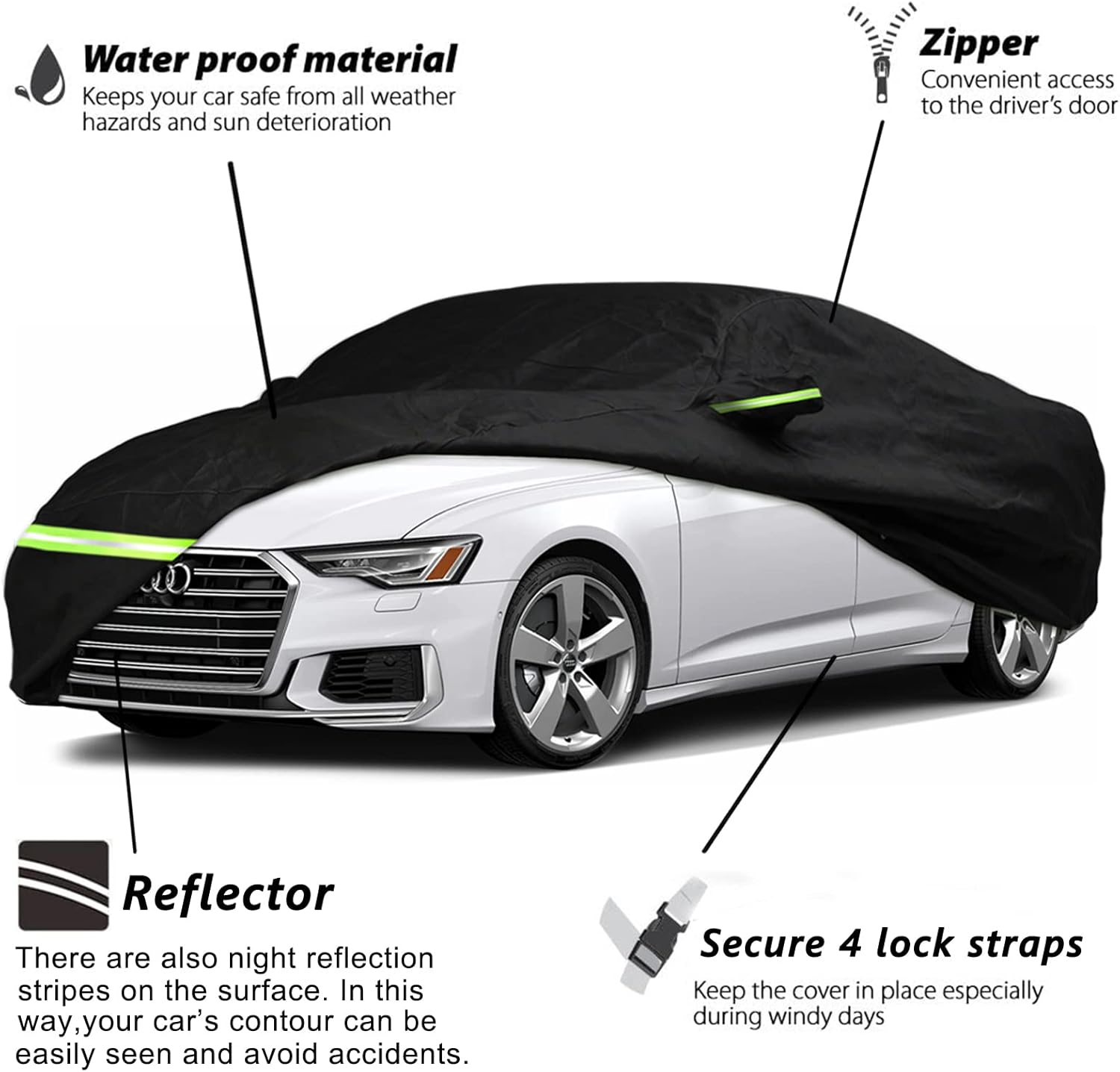YIXIN Waterproof 210T Car Covers for 2004-2024 Audi A6/S6，Fit 100% Waterproof with Windproof Strap & Single Door Zipper (For 2004-2024 Audi A6/S6) - Audi A5 image number 2