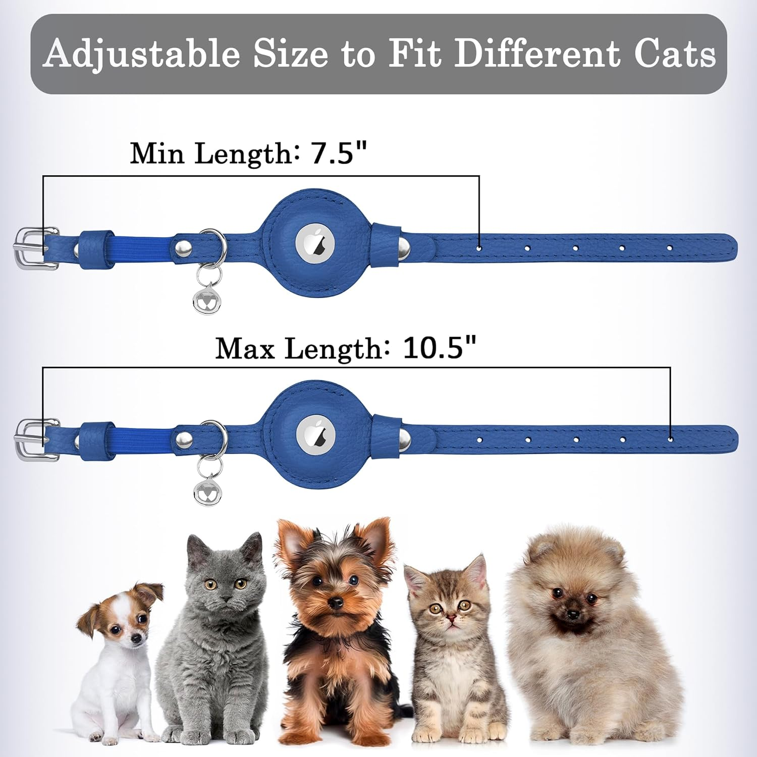 OOPSDOGGY Cat Collar for Airtag Holder, Leather Kitten Collars with Elastic Strap & Bell, Non Breakaway Adjustable Small Pet Collars for Indoor & Outdoor for Boy, Girl (Blue)