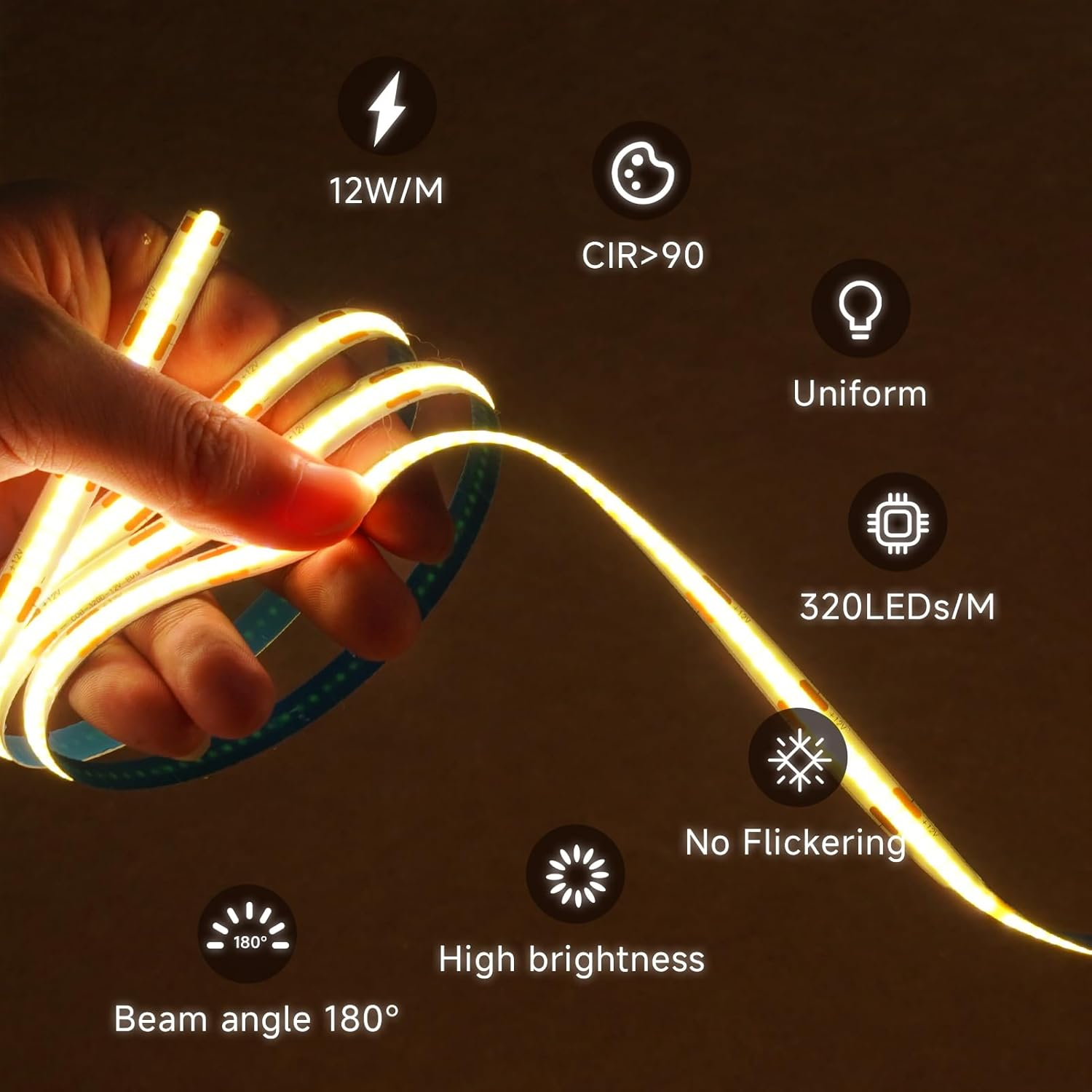 PERVADEO COB LED Strip 12V, 5M COB LED Strip Warm White 3000K Cuttable Flexible 320LED/M, CRI>90, for Bedroom, Home Decoration (No Power) image number 6