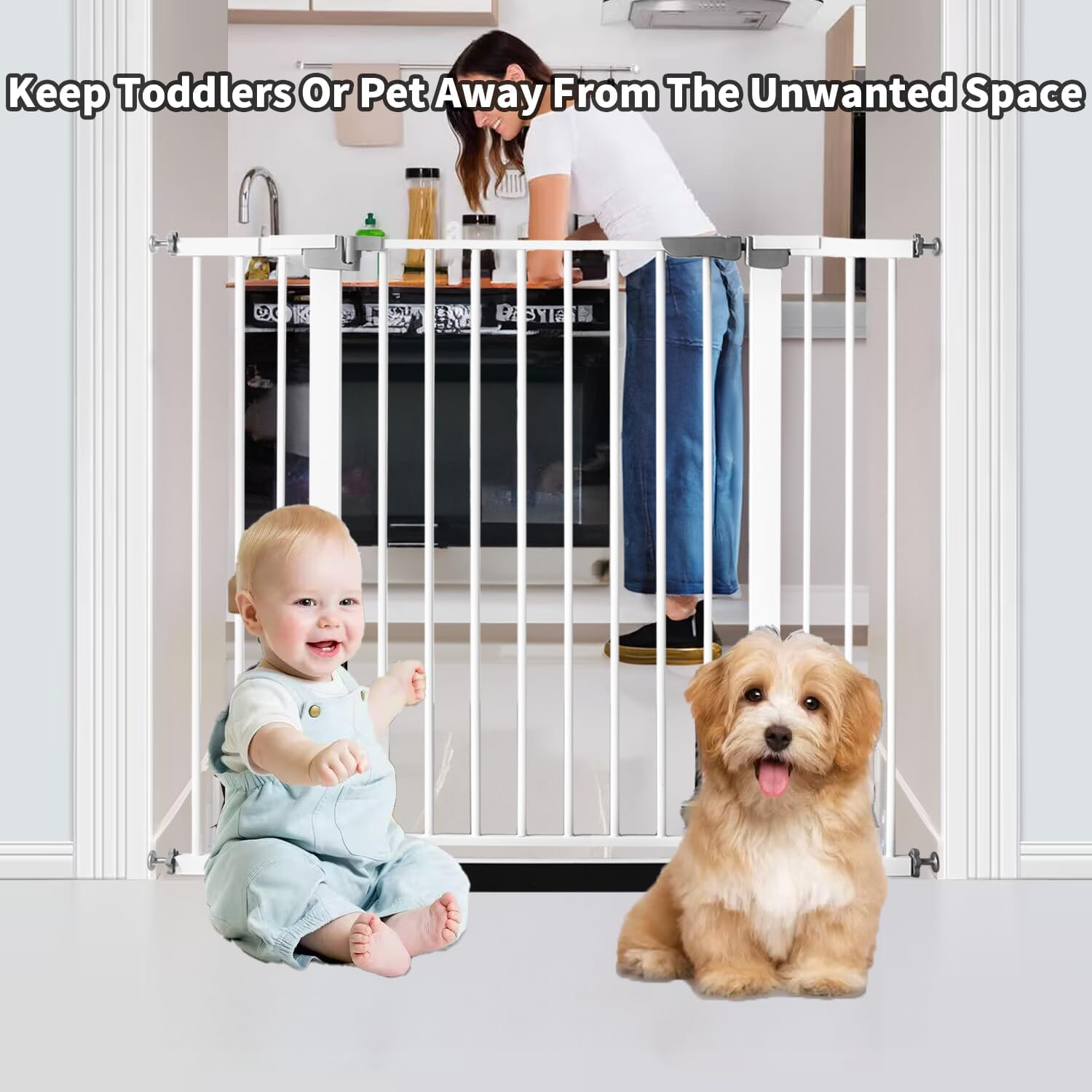 41 Inch Tall Baby Gate Auto Close Dog Gate Adjustable 29.92"-43.71" Wide Pressure Mounted Walk through Swing Pet Gate for Doorways (White, 29.92"-43.71" Wide) image number 6