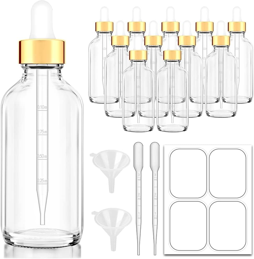 Bumobum Dropper Bottles 4Oz, 12 Pack Clear Glass Eye Dropper Bottle for Essential Oils with Labels and Funnels, Tincture Bottles with Golden Top (Unbreakable Plastic Dropper with Measurements)