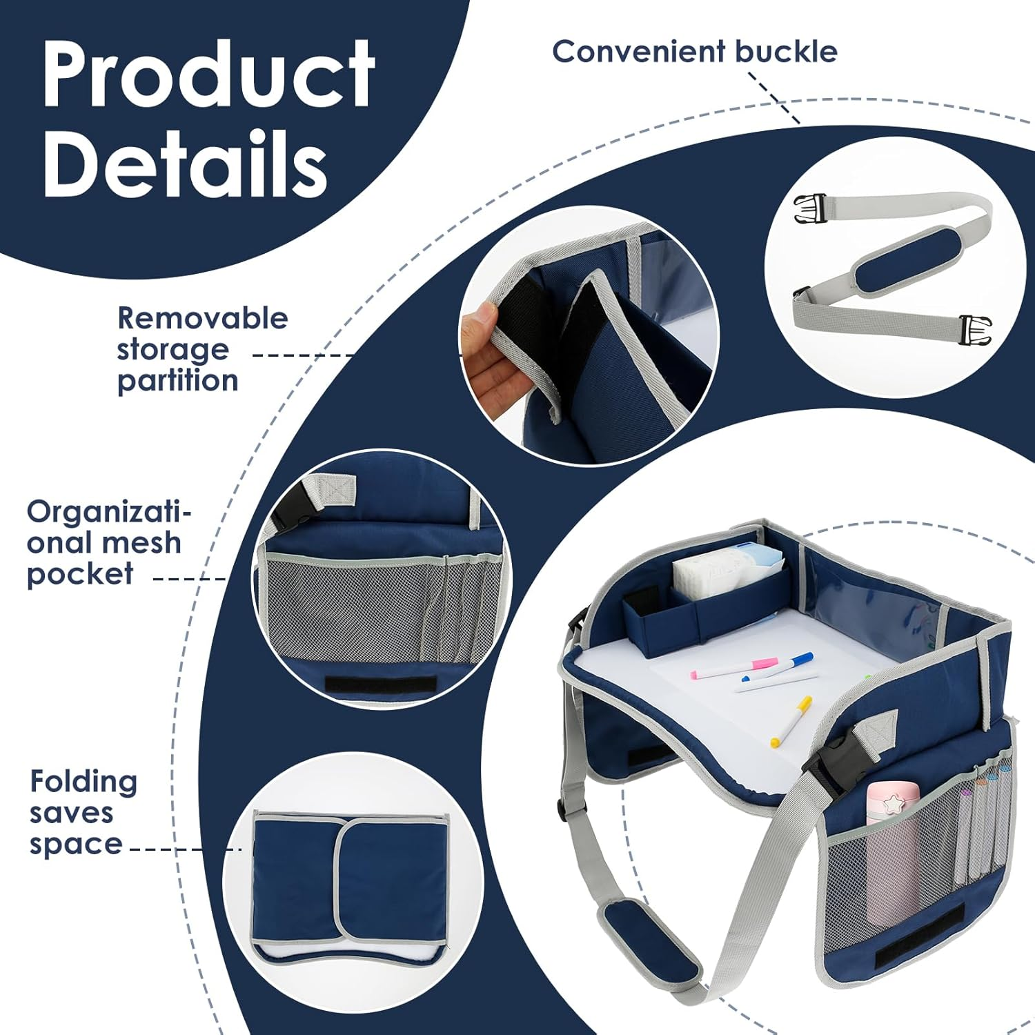 Car Seat Tray Travel Lap Desk Accessory with Adjustable Strap Portable Easy to Clean Car Seat Tray Large Multifunction Backseat Tray Table Holder for Your Child'S Rides and Flights (Navy Blue) - Navy Blue image number 4