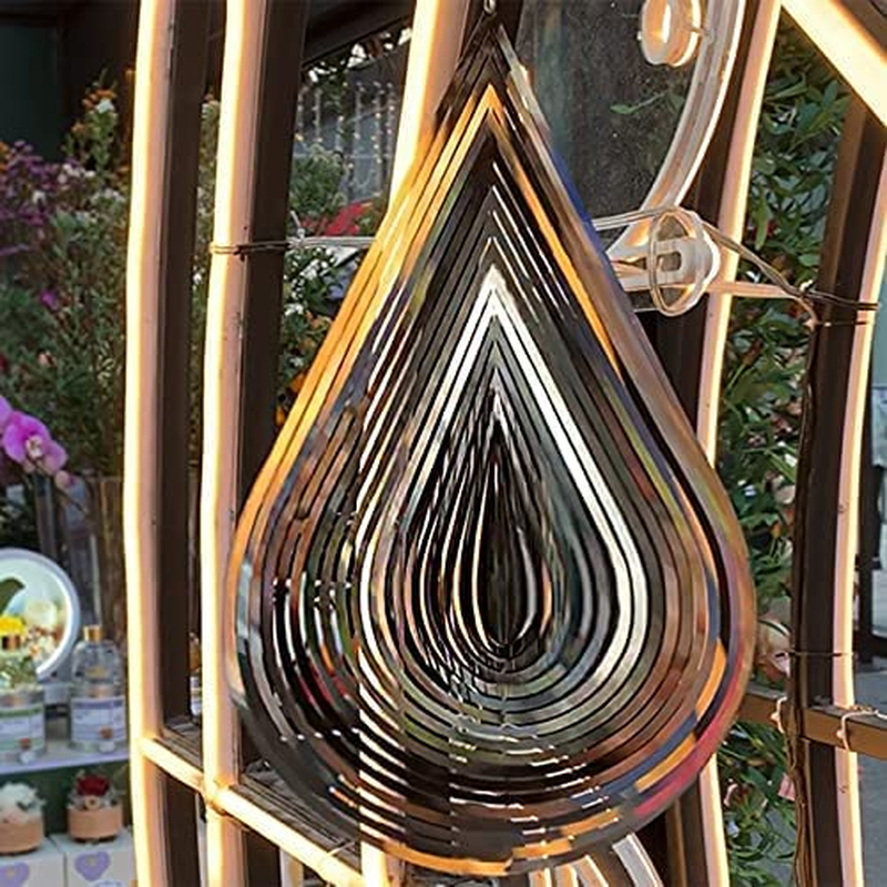 Jorontall Wind Spinner Stainless Steel 3D Flowing Light Effect Decoration for Outdoor Garden Hanging Decor Gifts 12&ldquo;X 8&ldquo; Silver Water Drop-Shaped Spinners with 360&deg; Rotating Hook image number 4