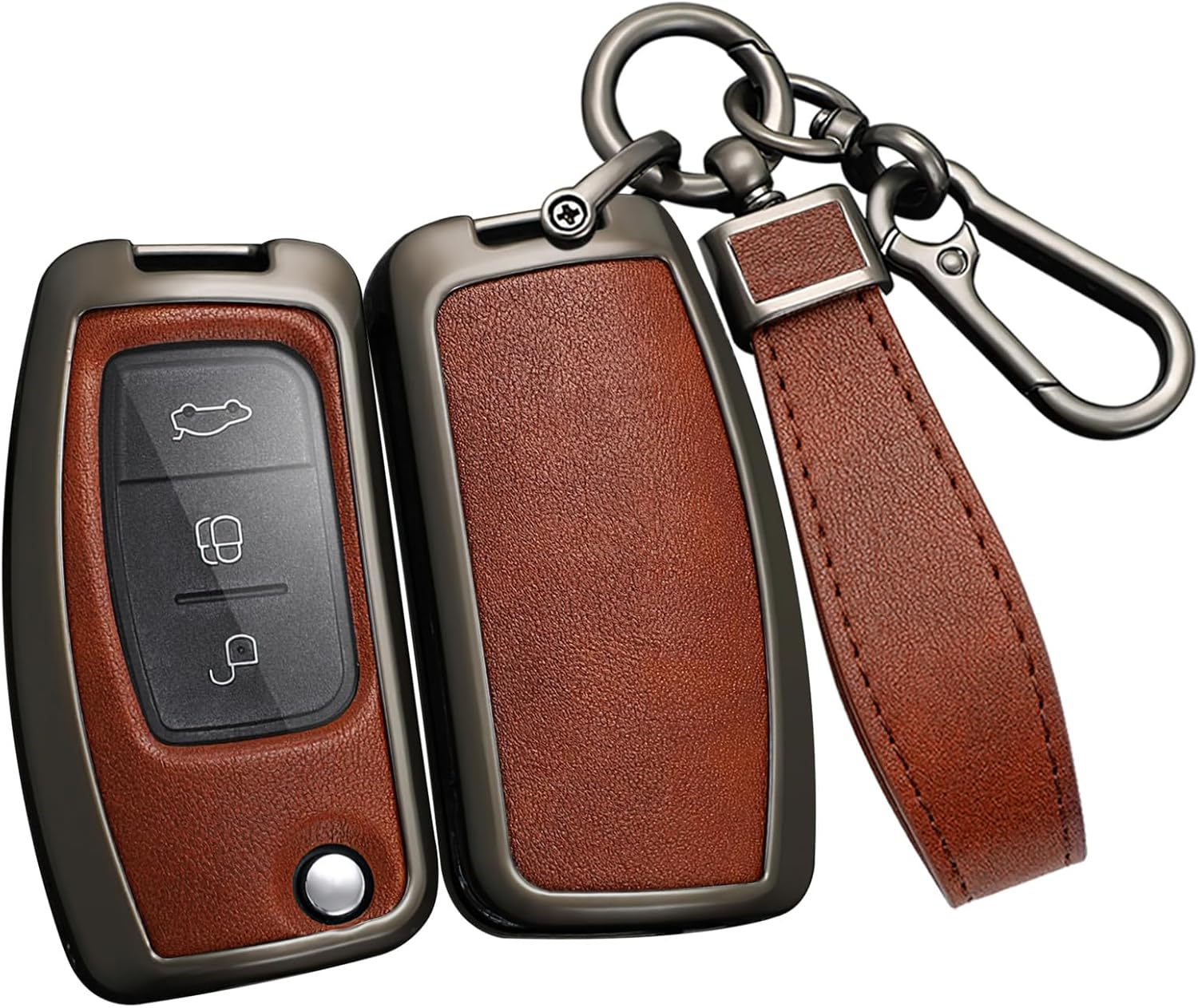 Ontto Alloy Car Key Fob Cover Fit for Ford Focus 2 MK2 Fiesta Mondeo Galaxy Falcon Territory Ecosport 3 Buttons Smart Leather Key Case Keyring Key Shell Holder Bag Keychian