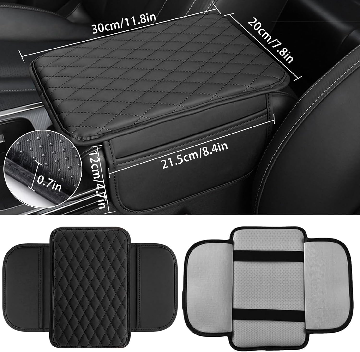 Car Armrest Cover, Universal Fit, Leather Armrest Support Elbow Rest Pillow, Center Console Soft Arm Rest Cushion Pad with Side Organizer, Car Accessories (Black #A) image number 4