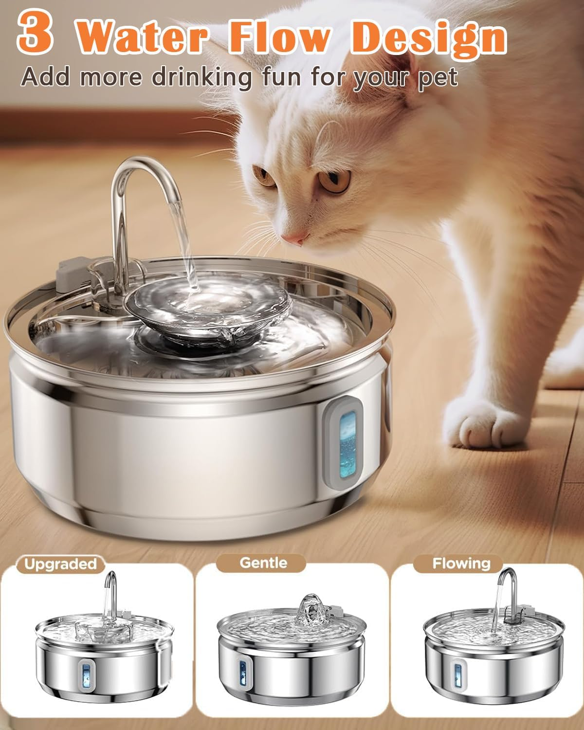 Cat Water Fountain Stainless Steel, 3.2L/108Oz Pet Water Fountain for Drinking, Automatic Metal Dog Dispenser Bowl with Quiet Pump with 5 Filters, Filtration for Cats, Dogs, Multiple Pets Indoor image number 1