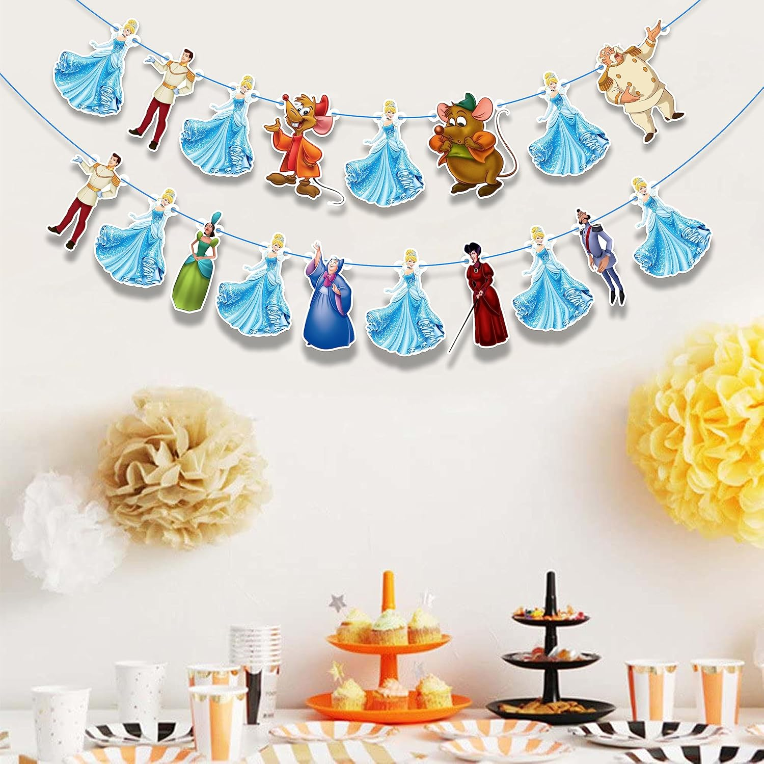 Cinderela Garland Decorations for Princess Birthday Parties, Fairy Tale Celebrations, and Royal Events &ndash; Elegant Blue and Silver Banner with Castle, Glass Slipper, and Crown Designs image number 2