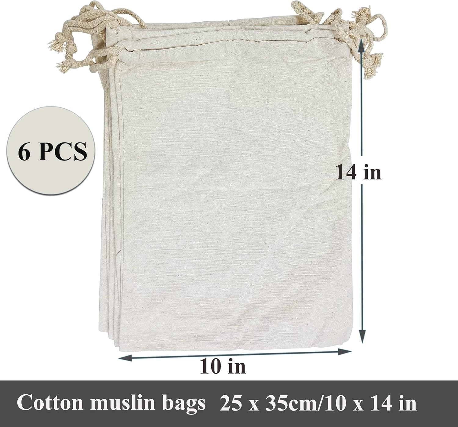Drawstring 100% Cotton Muslin Bags Reusable Storage Bag for Shopping Home Kitchen Food Grocery Vegetable Storage Etc. (6 PCS 10"X14"/25X35Cm) image number 3
