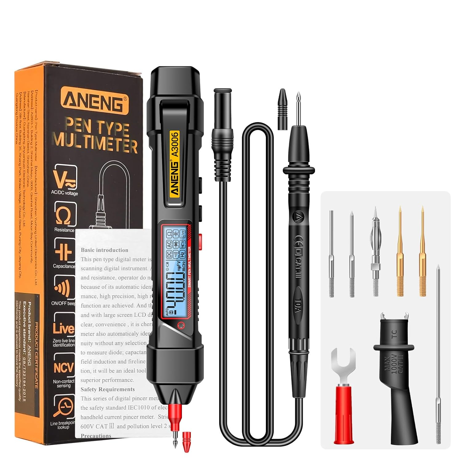 FUNFANG A3006 Pen Type Digital Multimeter 4000 Count AC/DC Voltage Tester Zero Fire Line Detector Resistance Capacitance and Diode Testing Electric Tools Standard Configuration