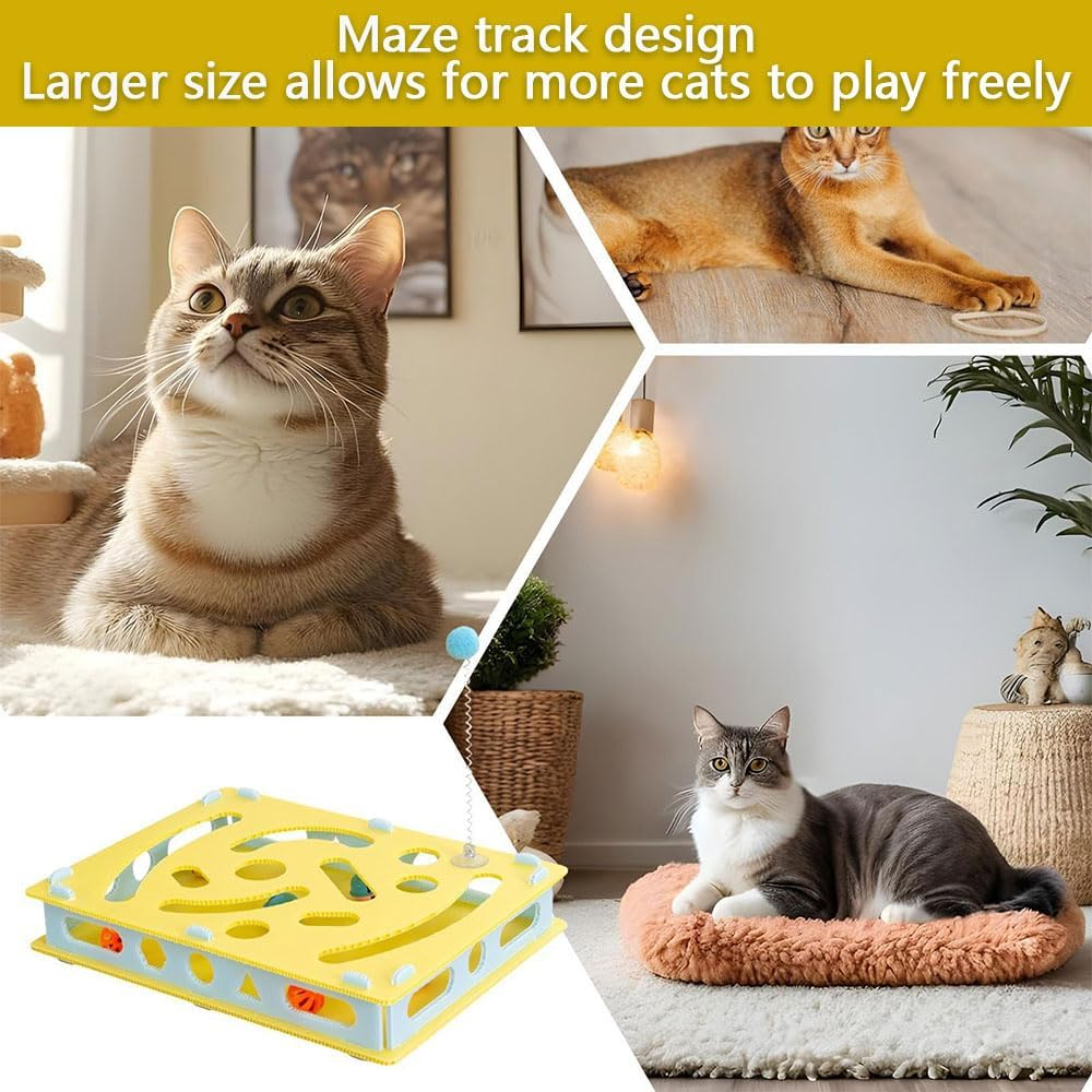 Interactive Cat Puzzle Toy &ndash; Digging Maze Game with Bell Track & Spring Balls, Boredom Relief Toy for Indoor Cats & Kittens, Mental Stimulation & Exercise Training, 15.75X11.81X1.97In, Yellow image number 3