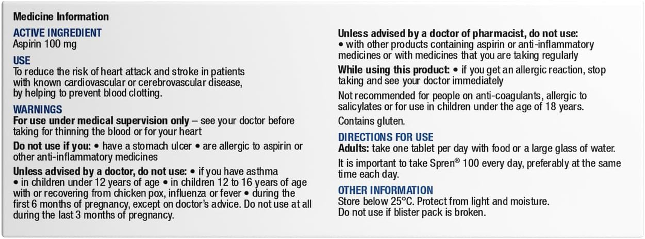 Spren Aspirin 100Mg 112 Tablets image number 2