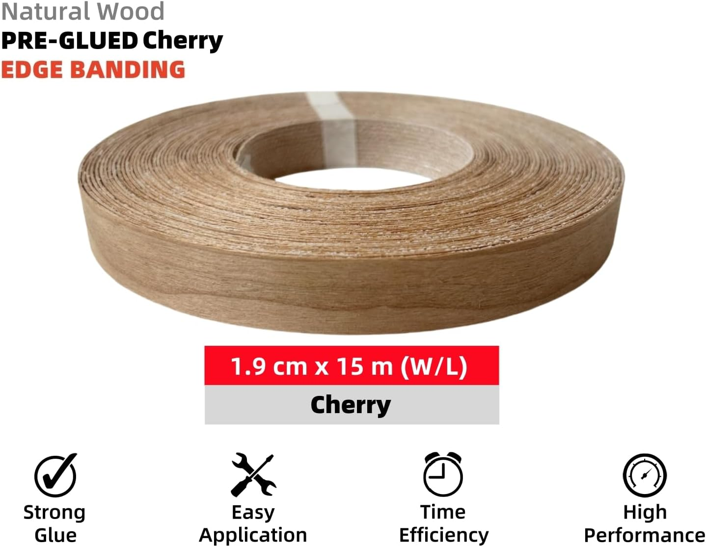 Preglued American Cherry Wood Veneer Edging, Plywood Edge Banding, Flexible Wood Tape, Iron on Easy Application Veneer Edging with Hot Melt Adhesive Back (1.9Cmx15M) image number 1