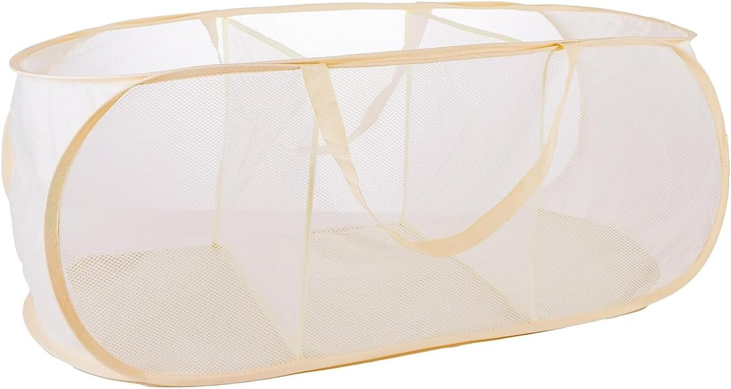 Yharnamite Collapsible Laundry Baskets, Pop up Laundry Hamper, Collapsible Mesh Dirty Clothes Hamper, Clothes Storage Basket with 2 Compartments and Side Pockets for Store Clothes Sundries(Beige-A)