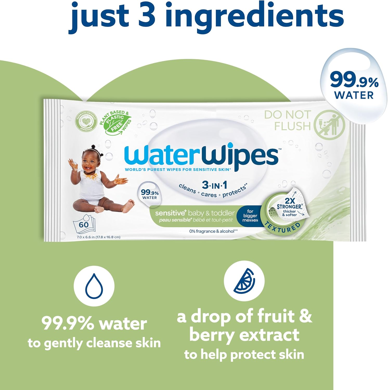 Waterwipes Baby Wipes, Textured Sensitive Baby Diaper Wipes, 99.9% Water, Unscented & Hypoallergenic, for Baby & Toddlers, 12 Packs (720 Count), White