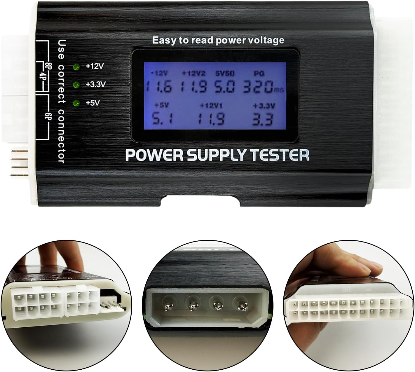 Computer PC Power Supply Tester, 20 24 4 6 8 Pin PC Power Supply Maintenance Tester Tool with LCD Display and Buzzer for ATX ITX BTX PCI E SATA HDD image number 4