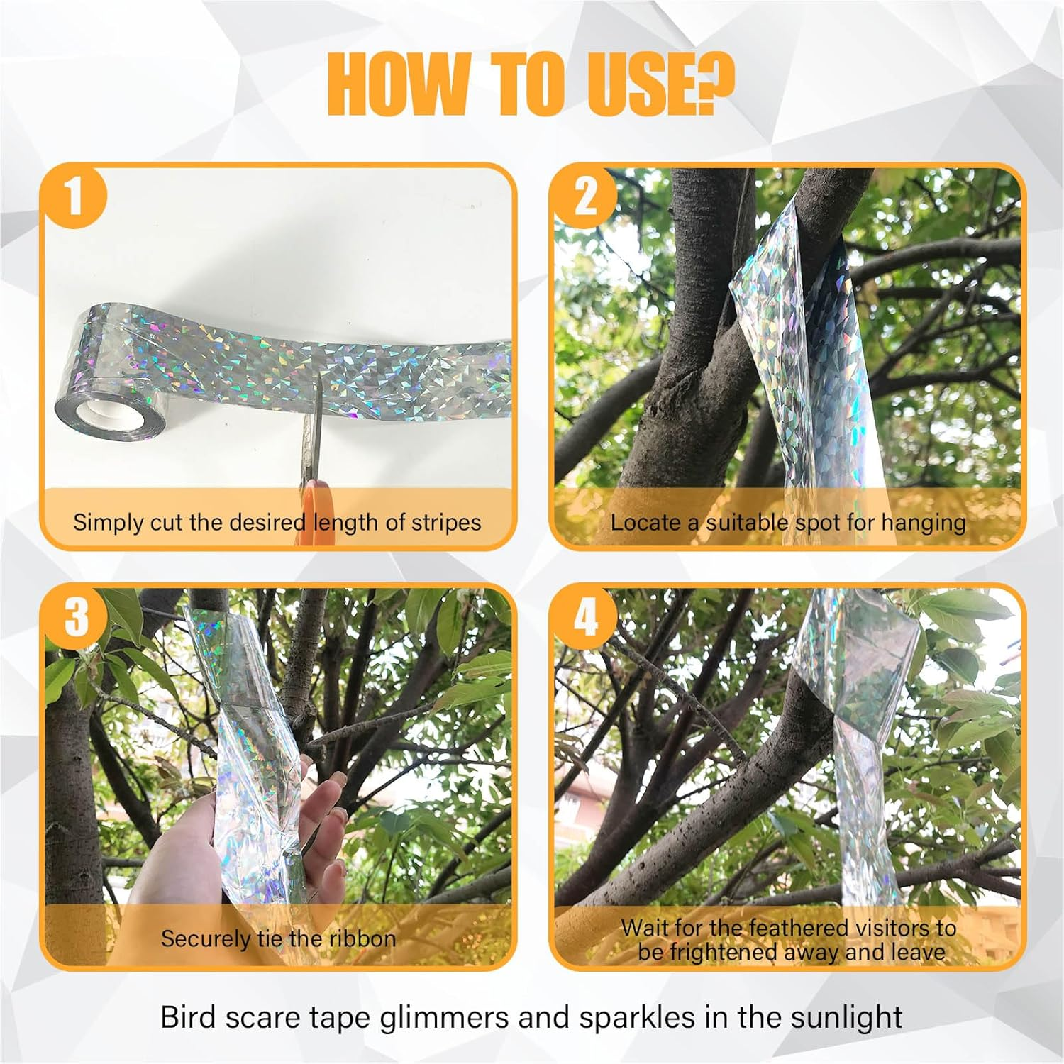 ASTIMESA Double Sided Reflective Bird Scare Tape, Holographic Sparkly Bird Tape, Flash Reflective Ribbon for Birds Woodpeckers Pigeons Keep Away from House Garden Patio (3 Roll 787.4 Ft) image number 6