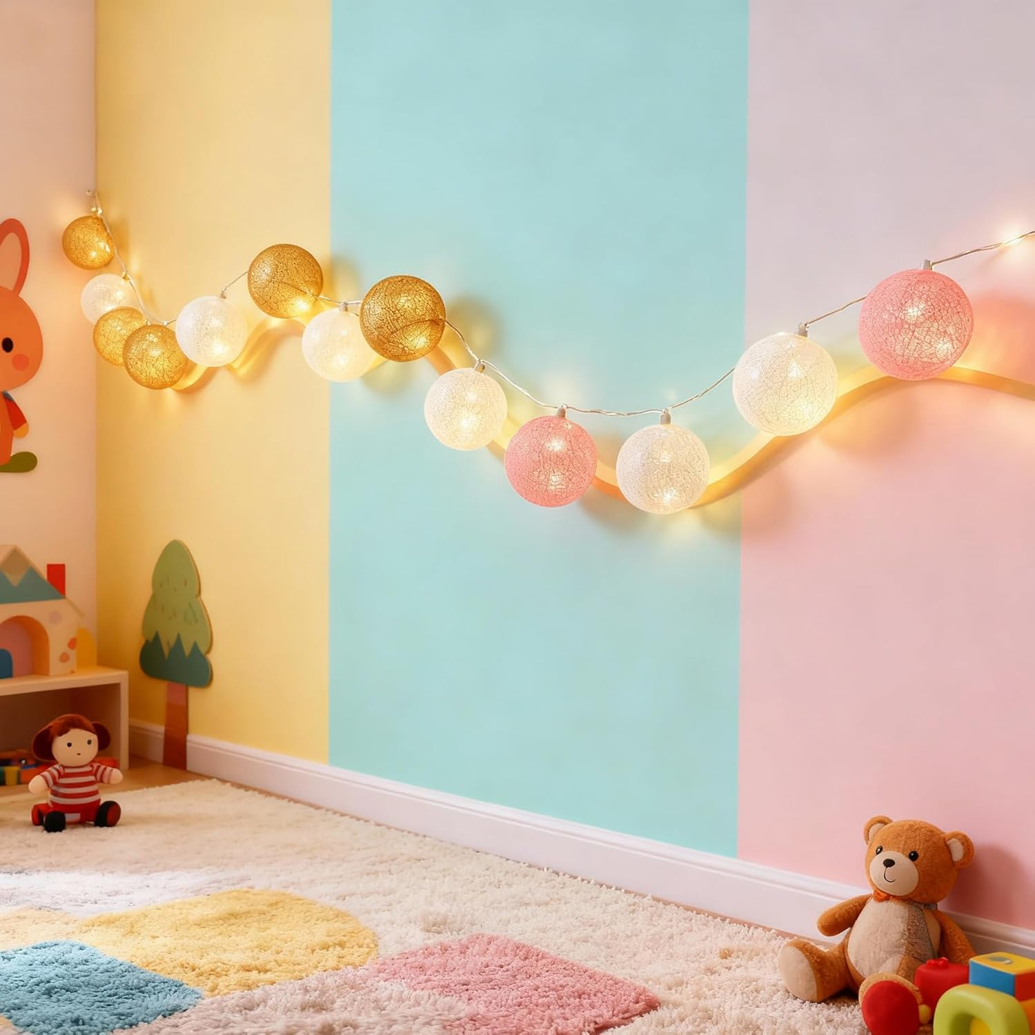 LED Fairy Lights Cotton Balls, 1.5 M 10 LED Fairy Lights, Indoor Balls, 3 Cm Fairy Lights for Children'S Room, Cotton Balls Fairy Lights for Children'S Room, Wedding, Christmas, Party Decoration image number 2