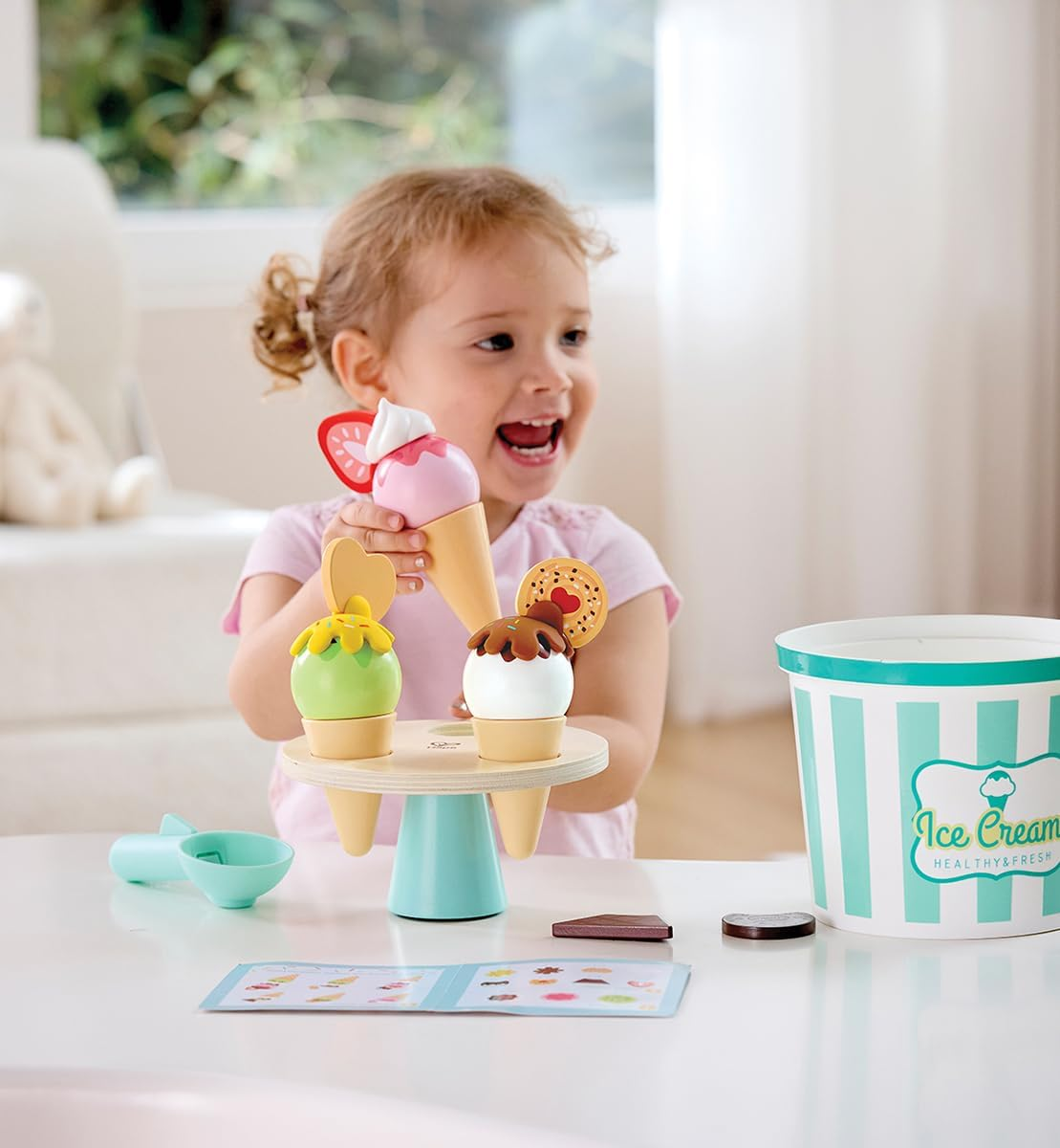 Hape Scoop & Serve Ice Cream Set &ndash; Interactive Wooden Toy for Pretend Play &ndash; Realistic Ice Cream Playset with Rotating Display & Endless Topping Combinations for Kids