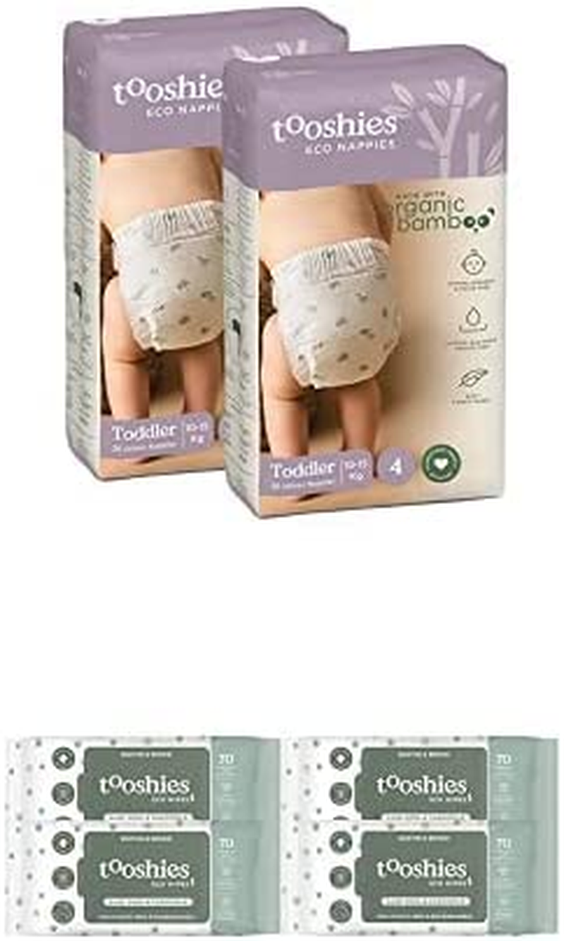 Tooshies Eco Nappies Size 4 Toddler 10-15Kg, 72 Count + Tooshies Aloe Vera & Chamomile Eco Wipes, 280 Pack