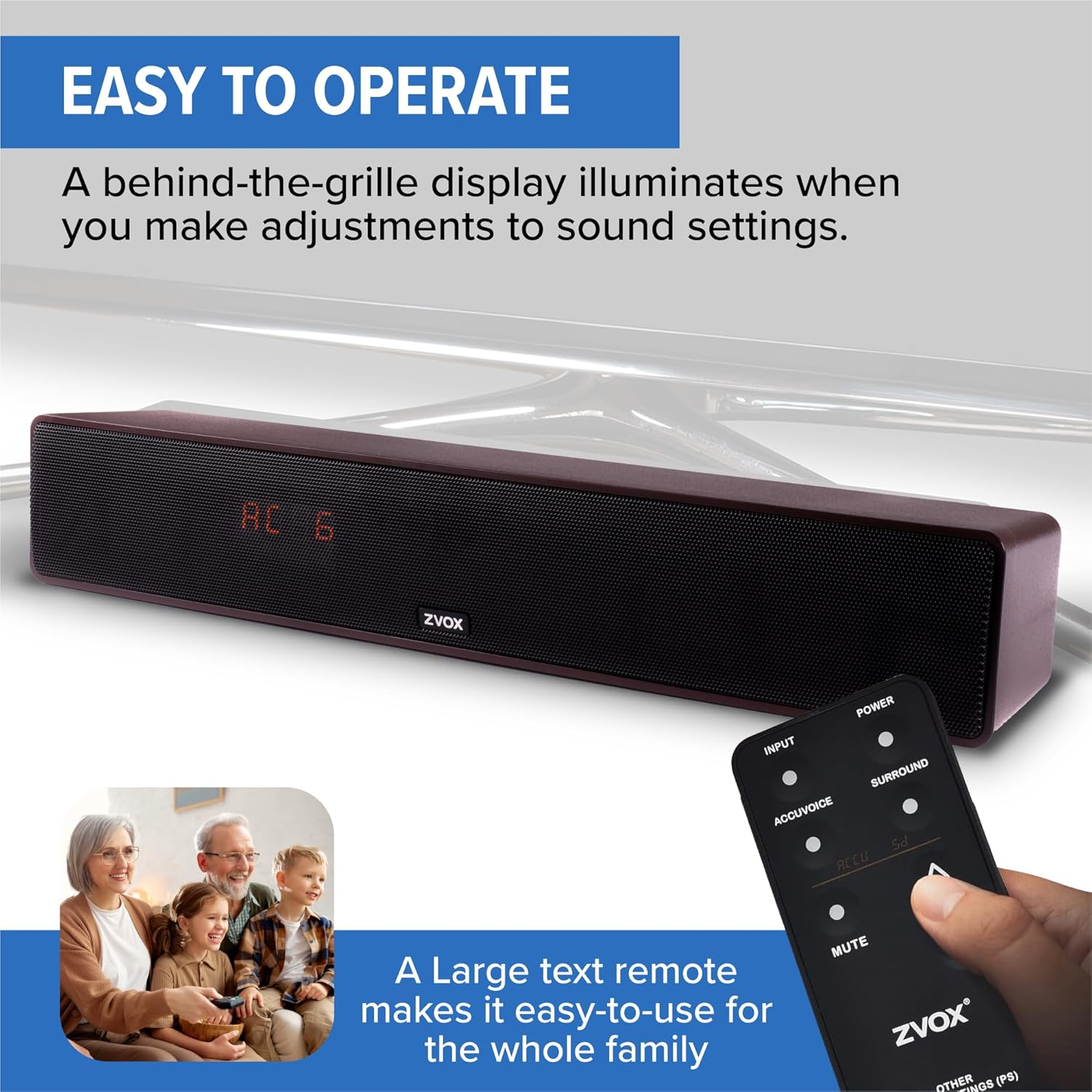 ZVOX Dialogue Clarifying Sound Bar with Patented Hearing Technology, Twelve Levels of Voice Boost - 30-Day Home Trial - Accuvoice AV157 TV Speaker - Black image number 5