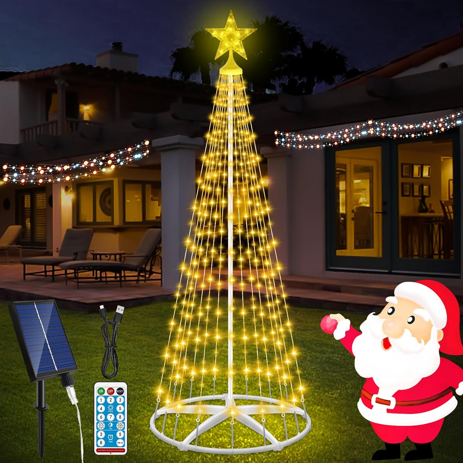 1.5M Solar Christmas Tree String Light, 202 LED Christmas Fairy Light, String Lights Decoration Indoor Outdoor with 8 Flash Modes for Porch Yard Patio Outdoor Xmas Holiday Decor image number 2