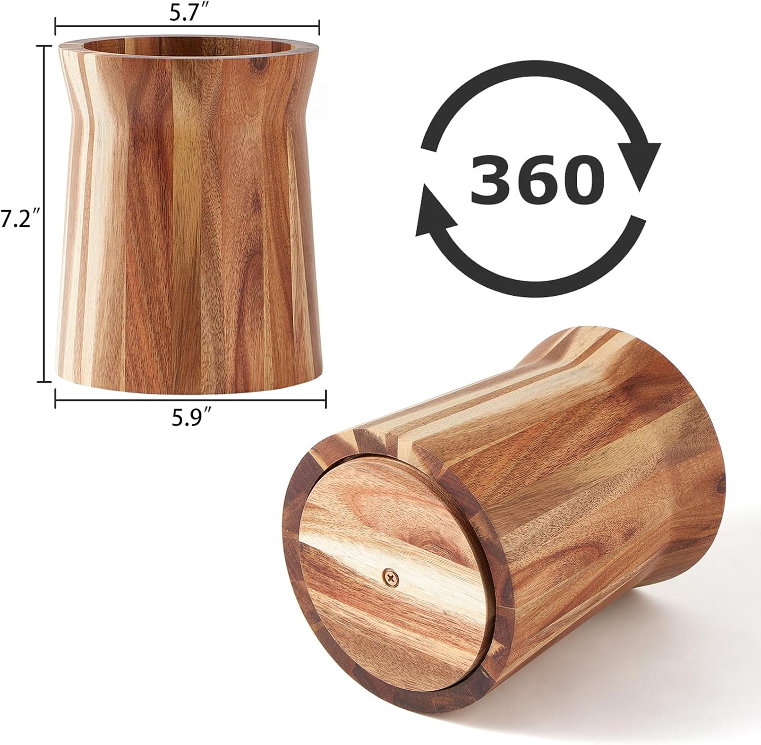 LOHONER Wooden Utensil Holder for Countertop, 360&deg; Rotating Kitchen Utensil Holder, 7.2"X 6" Large Acacia Wood Crock, Farmhouse Kitchen Decor