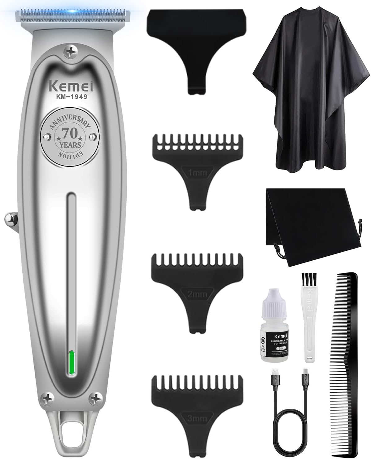 KEMEI Professional Hair Trimmer for Men Zero Gap Trimmer Electric Wireless Beard/Hair Trimmer Rechargeable Hair Cutting Machine for Stylists and Hairdressers Grooming Kit, Km-1949-Silver