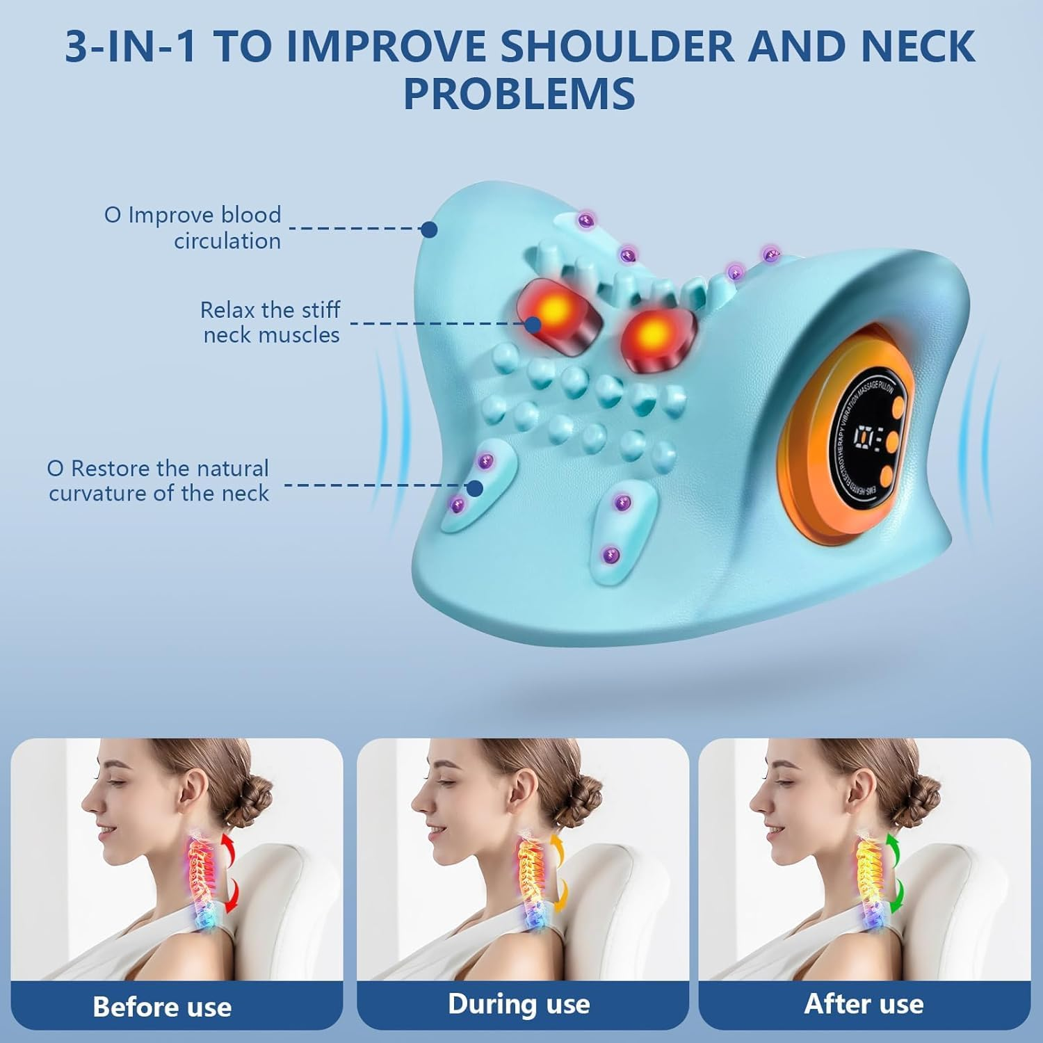 Neck Massager, Neck Stretcher and Shoulder Relaxer with Heat, Portable Cordless Shoulder Cervical Traction Device for Pain Relief Electric Massager Pillows (Blue) image number 4