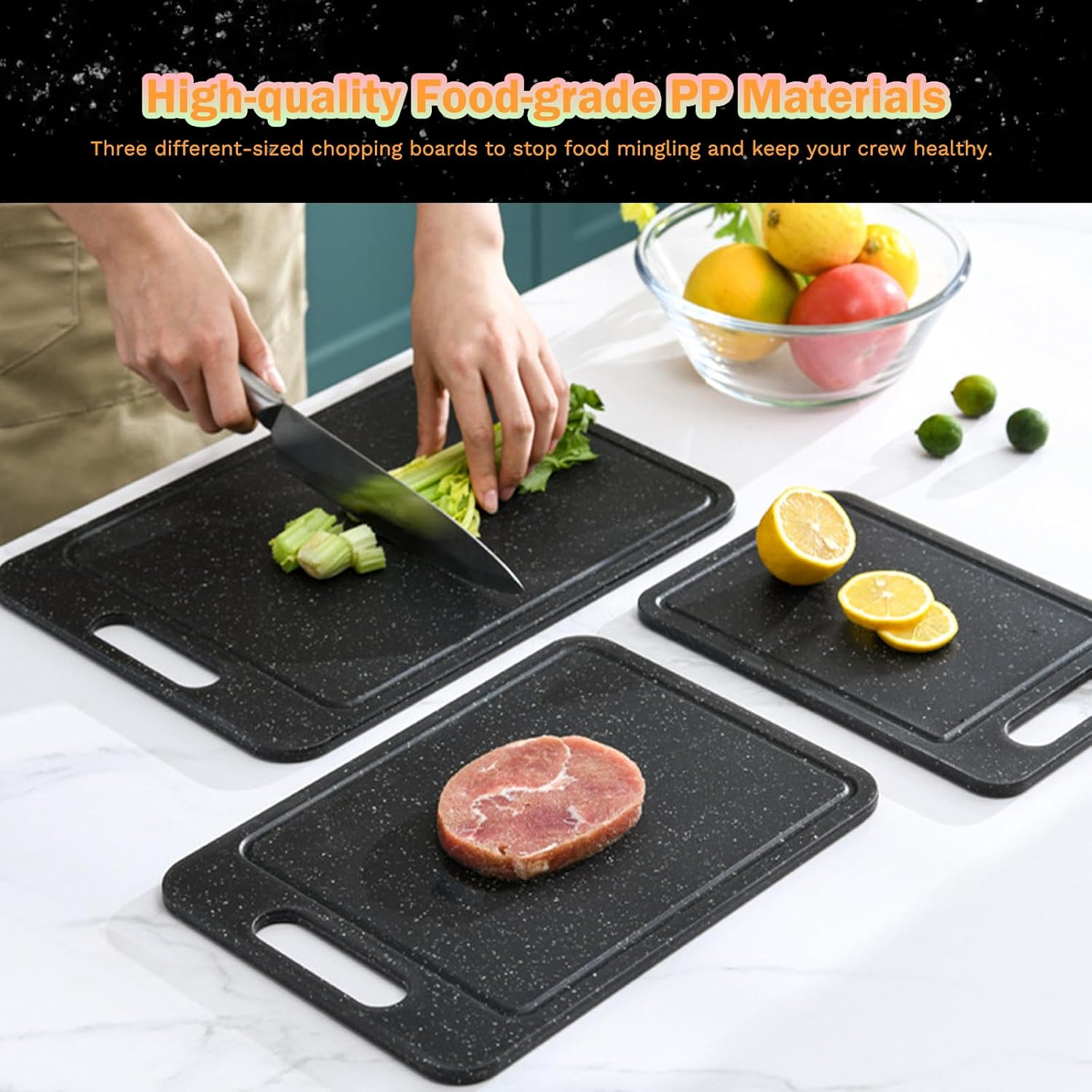 3-Piece Kitchen Chopping Boards with Non-Slip Feet & Juice Grooves & Carrying Handle, No BPA Plastic Cutting Board Set, Dishwasher Safe, Easy Grip Handle, Reversible Cutting Board, Black