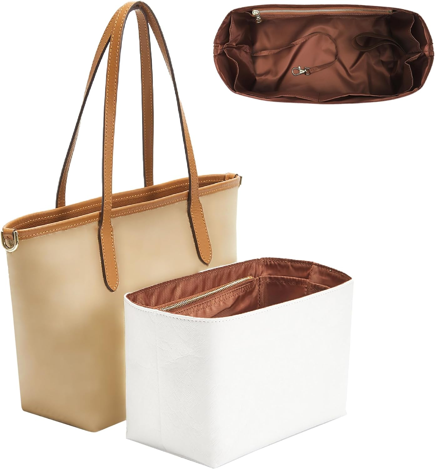 Doxo Purse Organizer Insert for Coach City Tote 30, Lightweight Tote Bag Organizer with Keychain, 9 Pockets Bag Insert with Cup Holder Zippered Section, Handbag Organizer Storage Divider (White Brown)