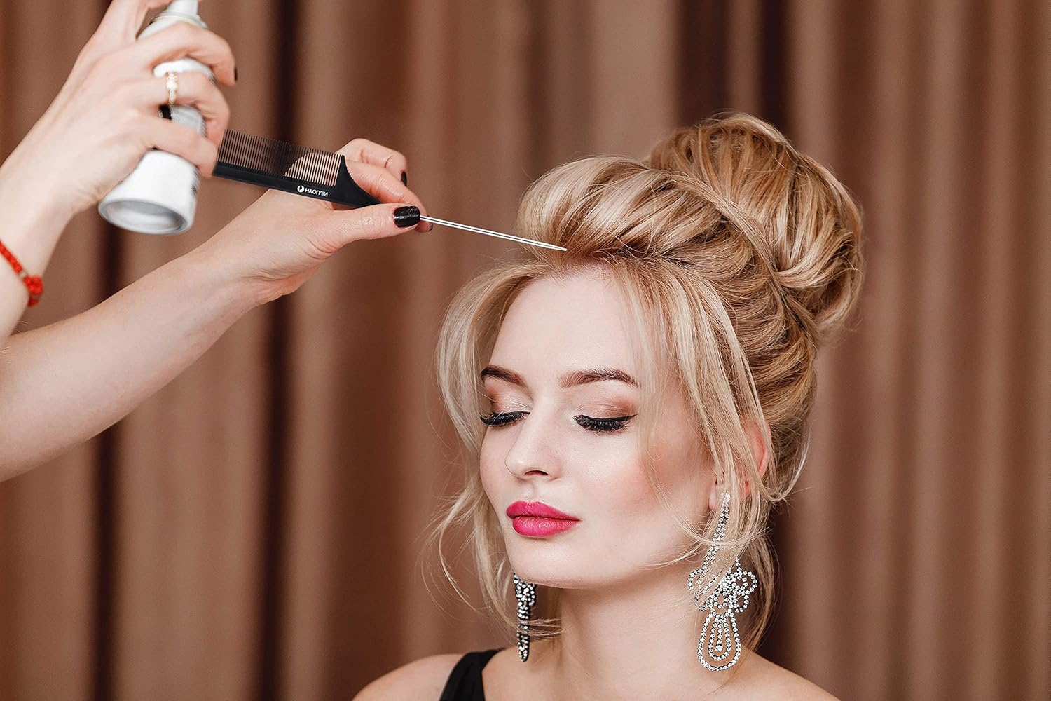 HYOUJIN 608 Black Carbon Rat Tail Combs Pin Tail Comb 100% anti Static 230℃ Heat Resistant Metal Parting Combs with Non-Skid Paddle for Hair Styling - Black image number 4