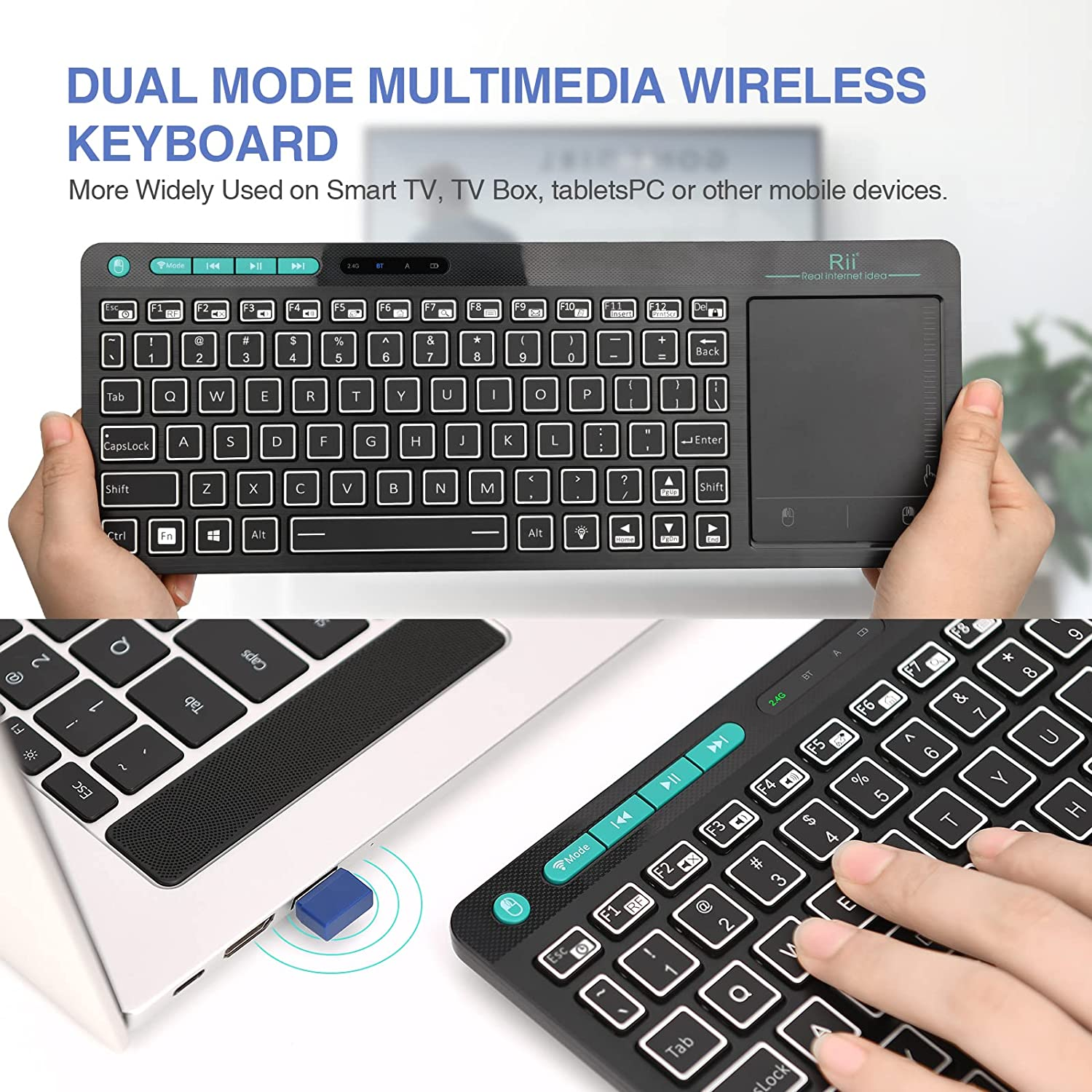 (Dual Mode) Rii RT518S Wireless and Bluetooth 2-LED Color Backlit Multimedia Keyboard with Multi-Touch Big Size Trackpad,Rechargable Keyboard for Android TV Box,Pc,Tablets,Smart TV, HTPC, Iptv,Windows image number 3