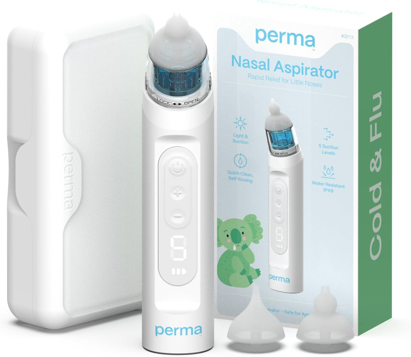 Perma Electric Nasal Aspirator, Strong Adjustable Suction with 5 Levels, Soft Silicone Tips for Newborns and Toddlers, Quiet Rechargeable Design, 130-Minute Runtime, Easy Clean, Includes Multiple Tips and Case image number 4