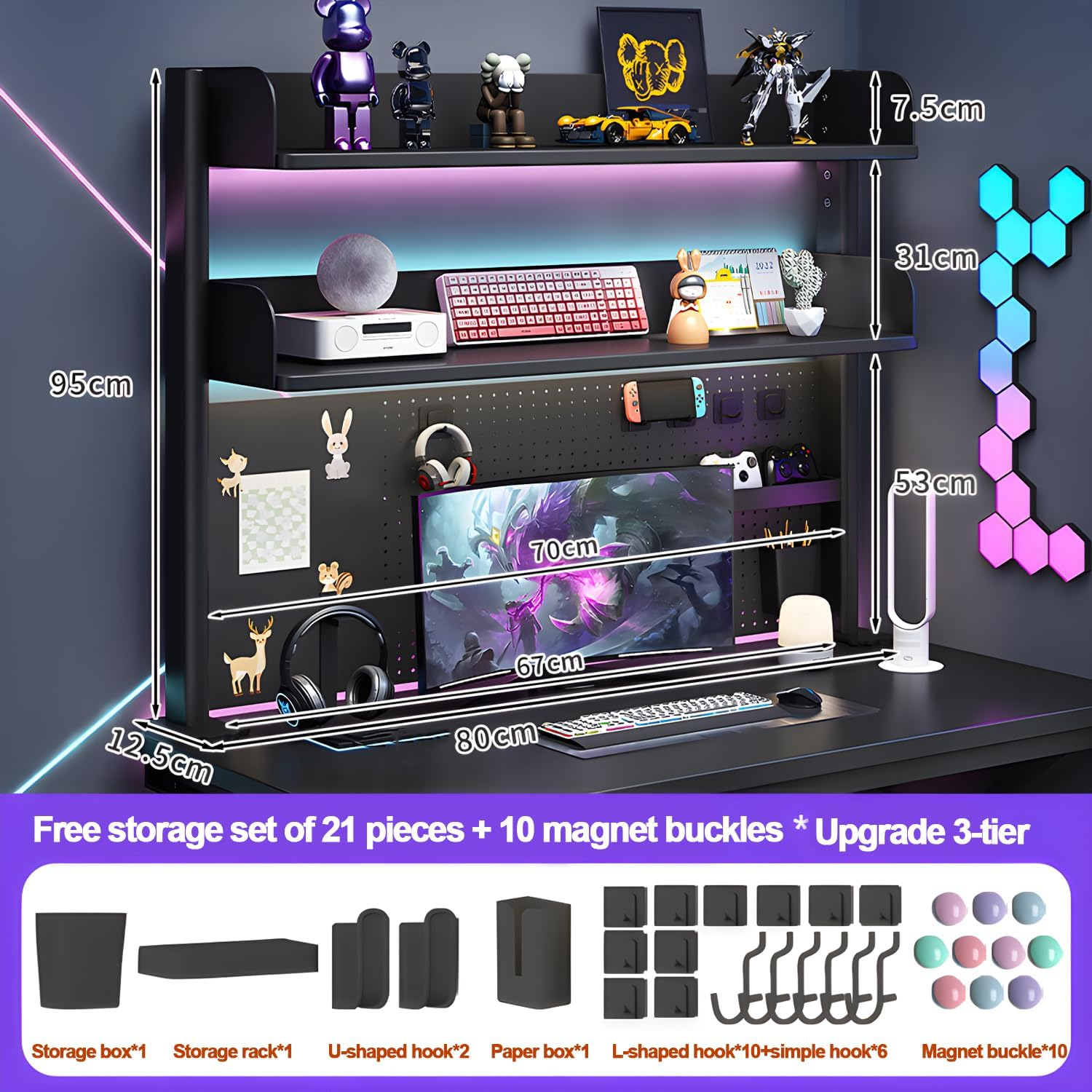 Clamp-On 31.5 Inch above or below Desk 3-Tier Shelving, Desk Organizer Shelf for Office Accessories, Gaming Devices with 20 Pieces Storage Accessories (Black) image number 4